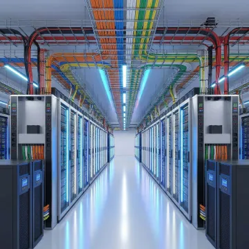 Modern carrier-neutral data center facility with server racks and fiber optic cabling