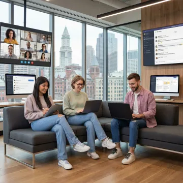Modern Boston office team using unified communications platform for video conferencing and collaboration