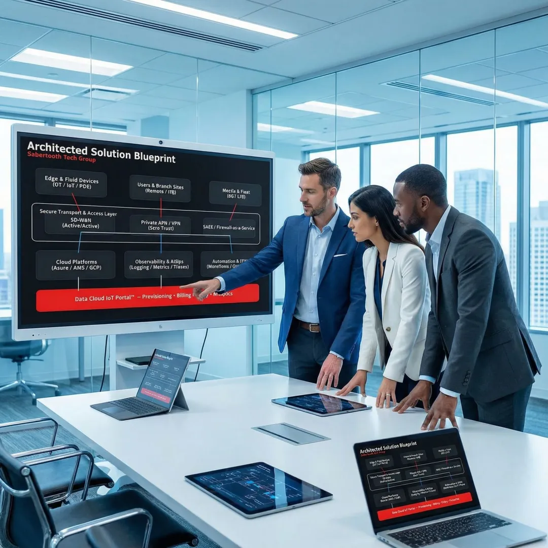 IT consultants reviewing enterprise network architecture diagrams and infrastructure plans