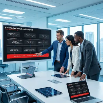 IT consultants reviewing enterprise network architecture diagrams and infrastructure plans