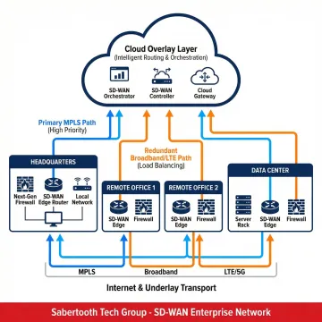 SD-WAN network topology diagram showing cloud connectivity and branch locations