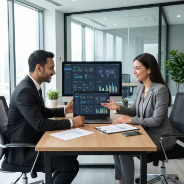 IT consultant reviewing SD-WAN network performance dashboard with client