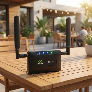 Close-up of portable 4G LTE mobile hotspot device with digital speed indicator showing active connection