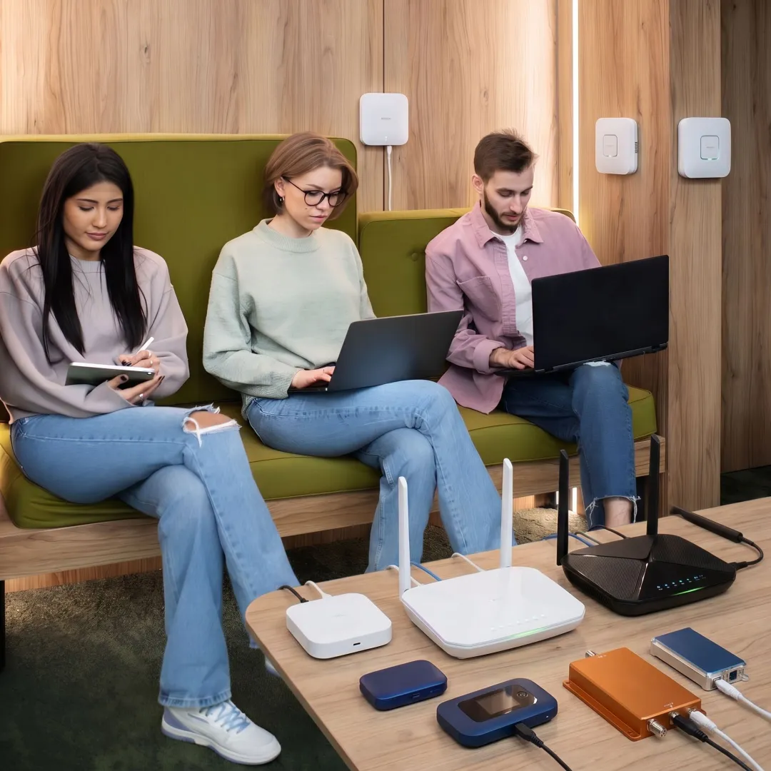Business team using internet in a temporary office