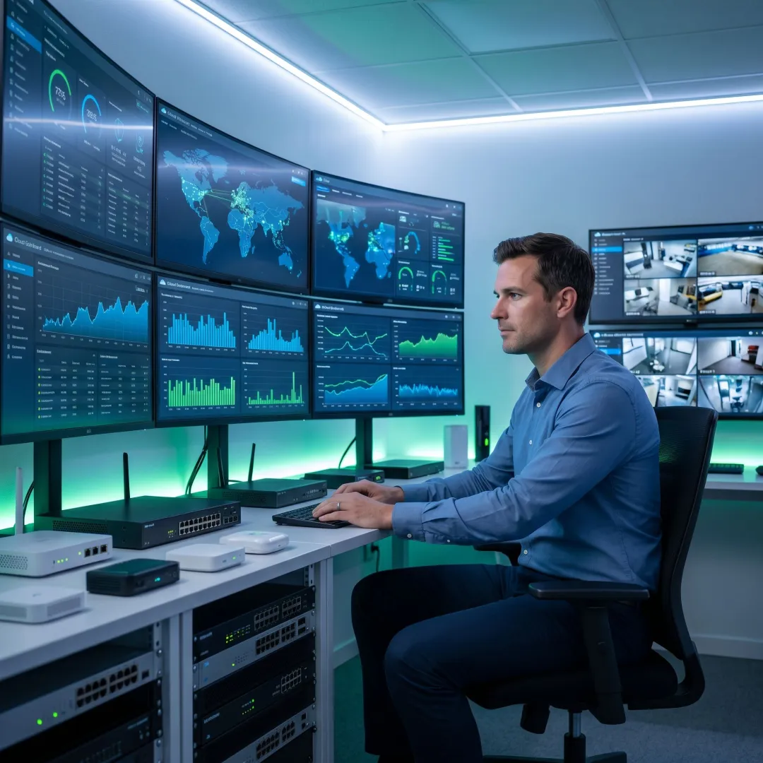 Technician reviewing remote monitoring network setup