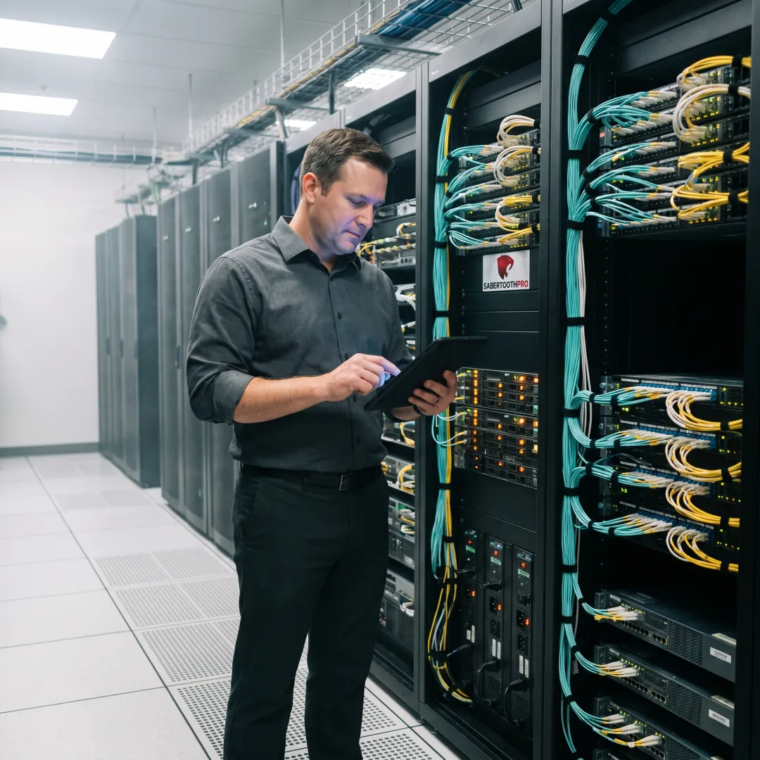 Secure server racks in enterprise colocation data center with redundant power and cooling systems