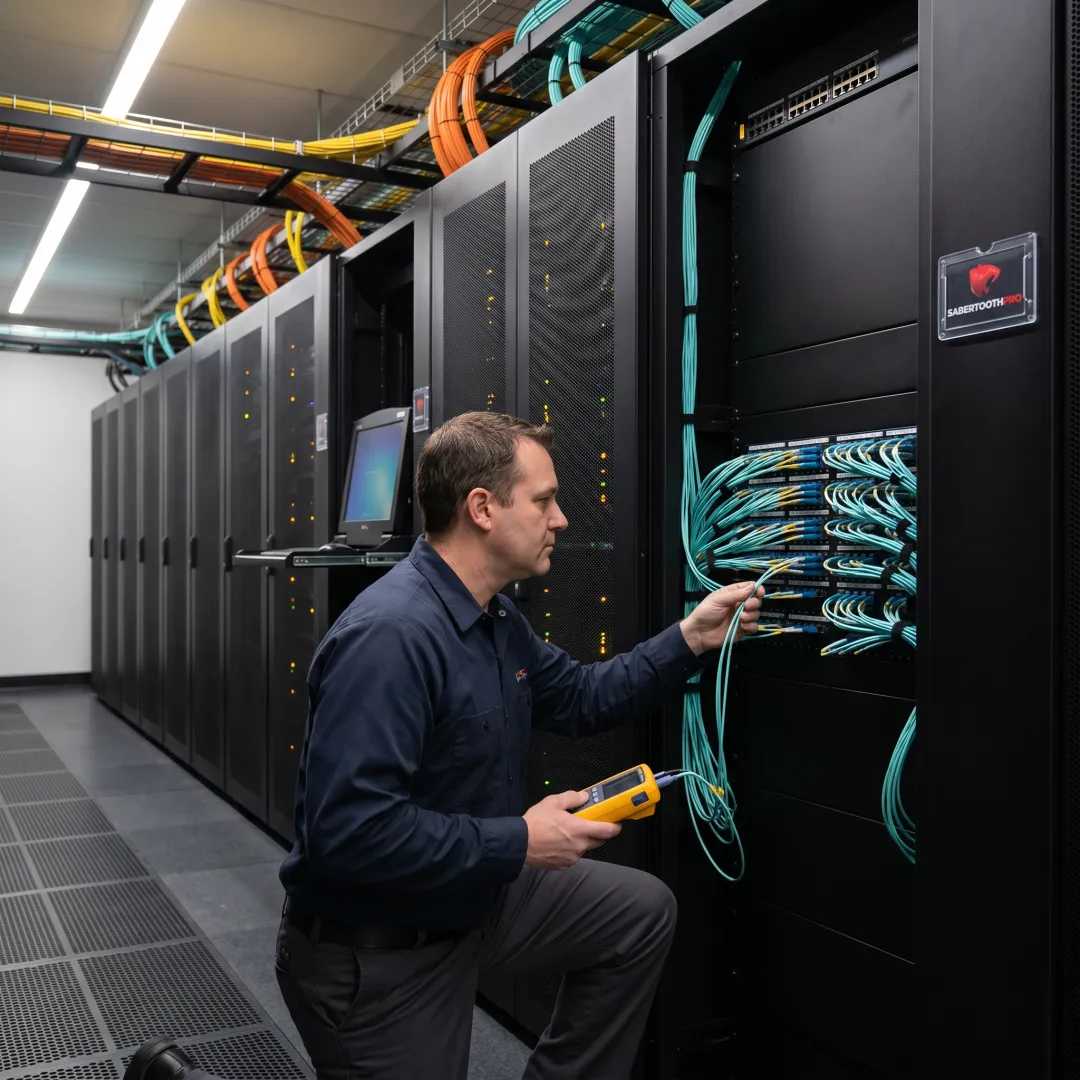 Modern enterprise data center facility with server racks and fiber optic cabling in Colorado