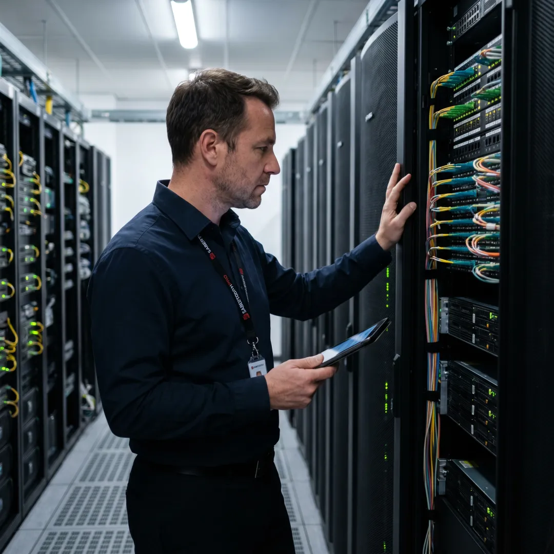 Enterprise colocation facility with server racks and fiber optic connectivity in Texas data center