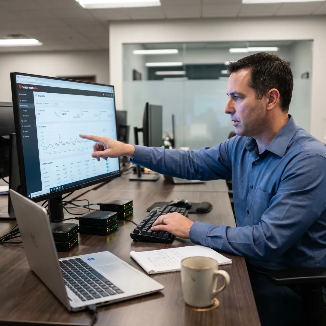 IoT data analytics dashboard displaying real-time sensor metrics and predictive insights