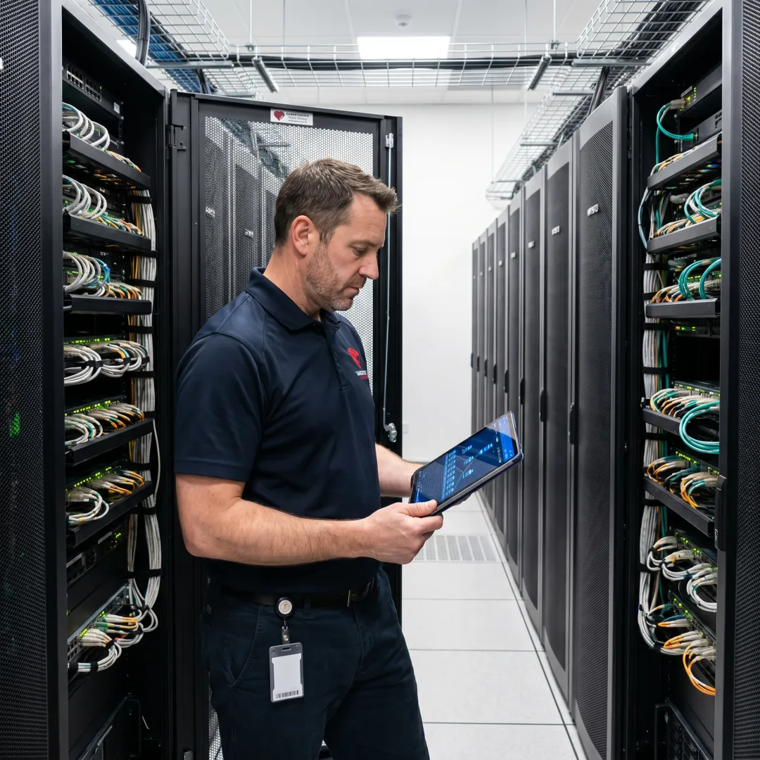 Modern enterprise data center server racks with organized cabling and redundant power infrastructure