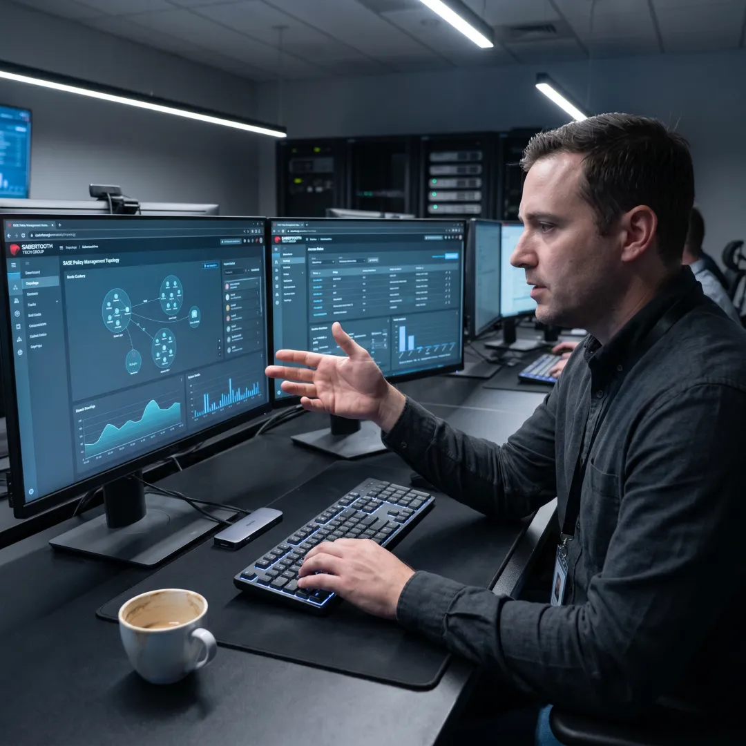 Modern distributed enterprise network with SASE architecture securing remote workers and cloud applications