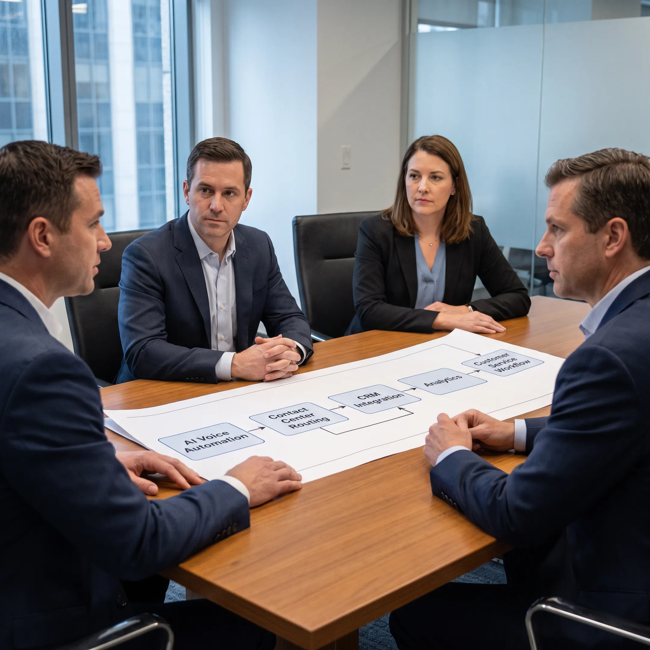 Business team reviewing AI voice agent and contact center capabilities