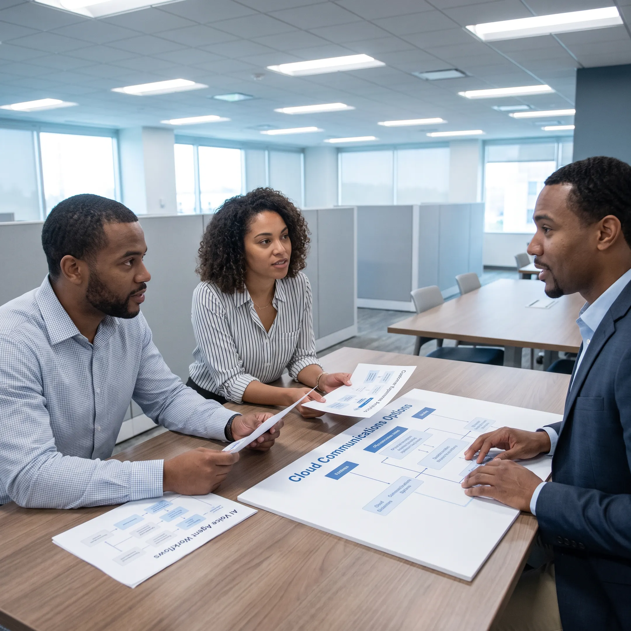 Business team reviewing AI voice agent customer experience technology