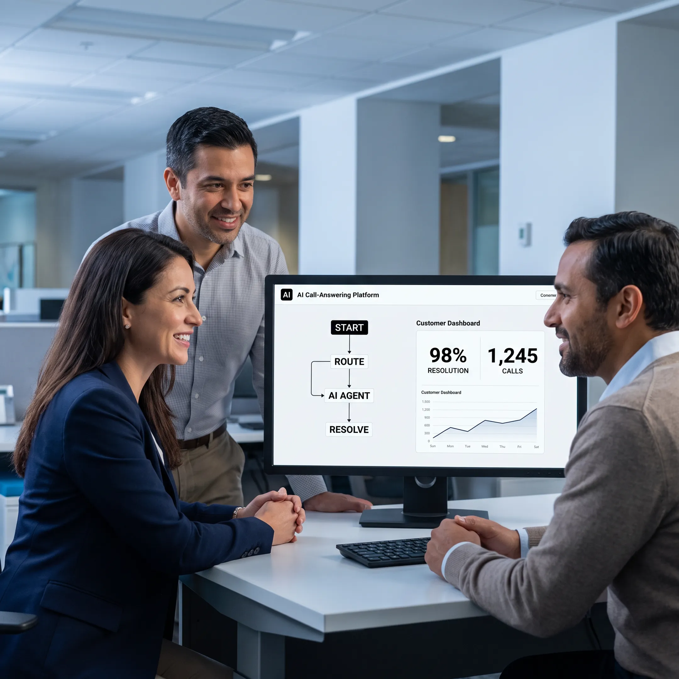 Business team reviewing AI call answering and customer experience technology