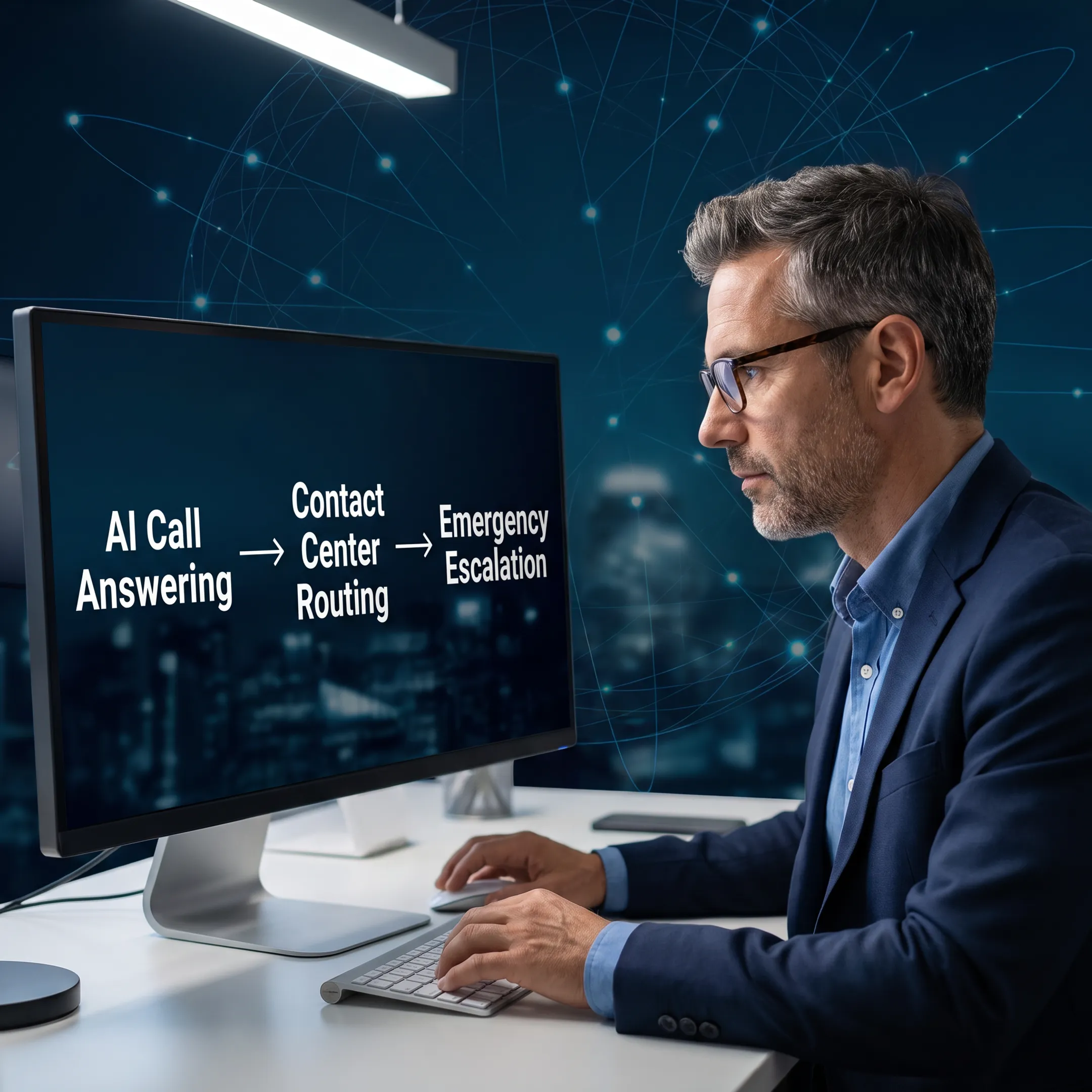 Business professional reviewing AI call routing and emergency escalation workflows on a laptop
