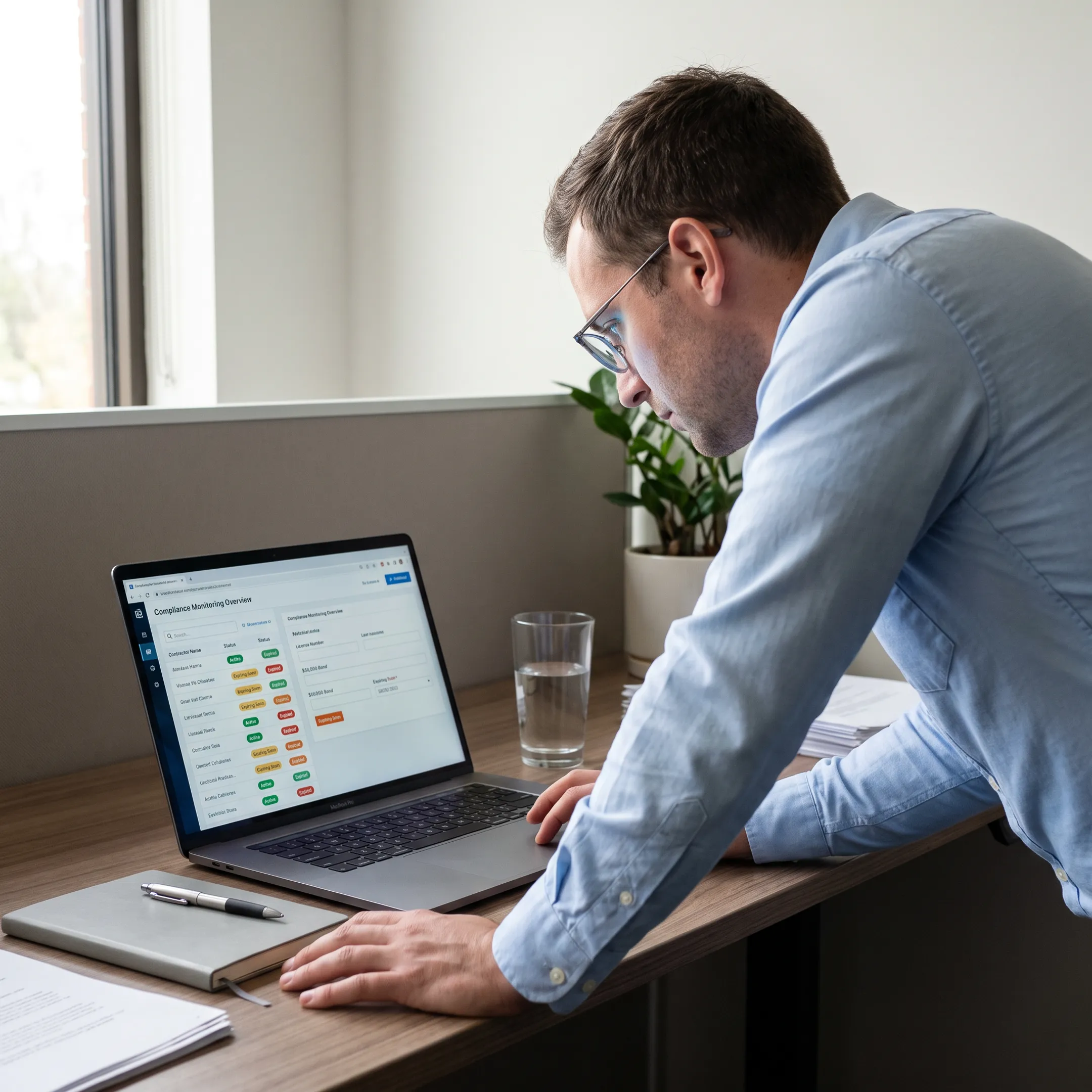Professional reviewing contractor insurance and license records on a laptop