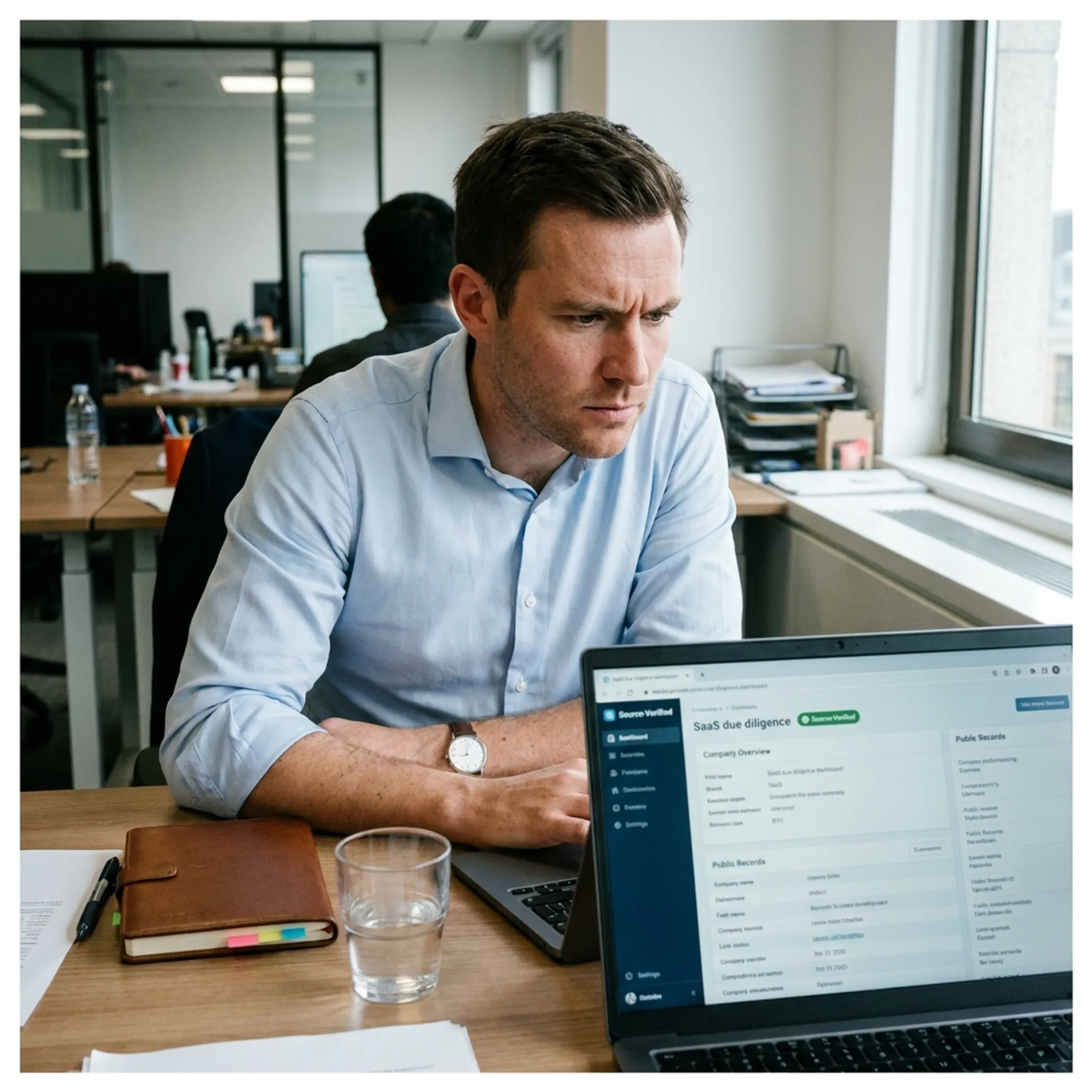 Analyst reviewing a source-verified business due diligence report on a laptop