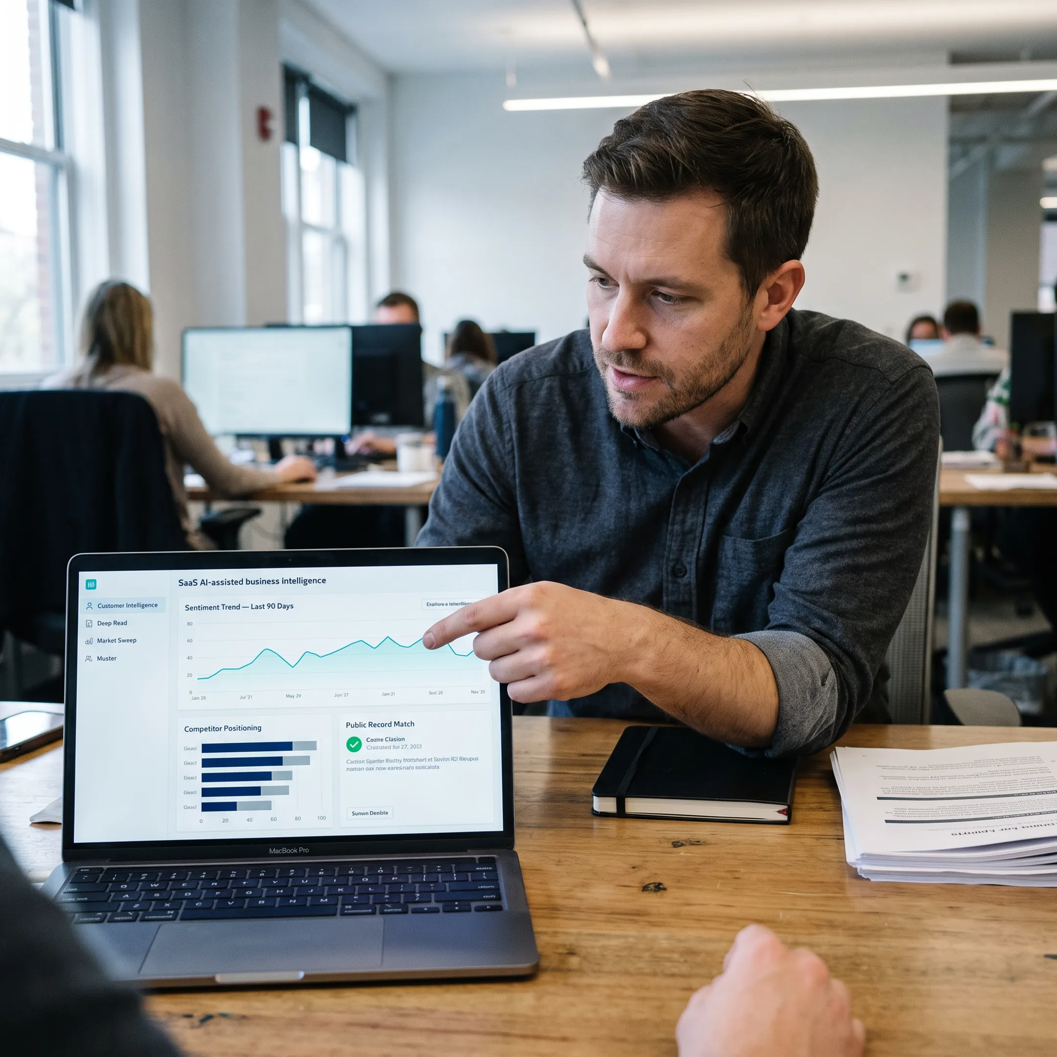 Analyst reviewing AI-generated customer insights and verified business intelligence on a laptop