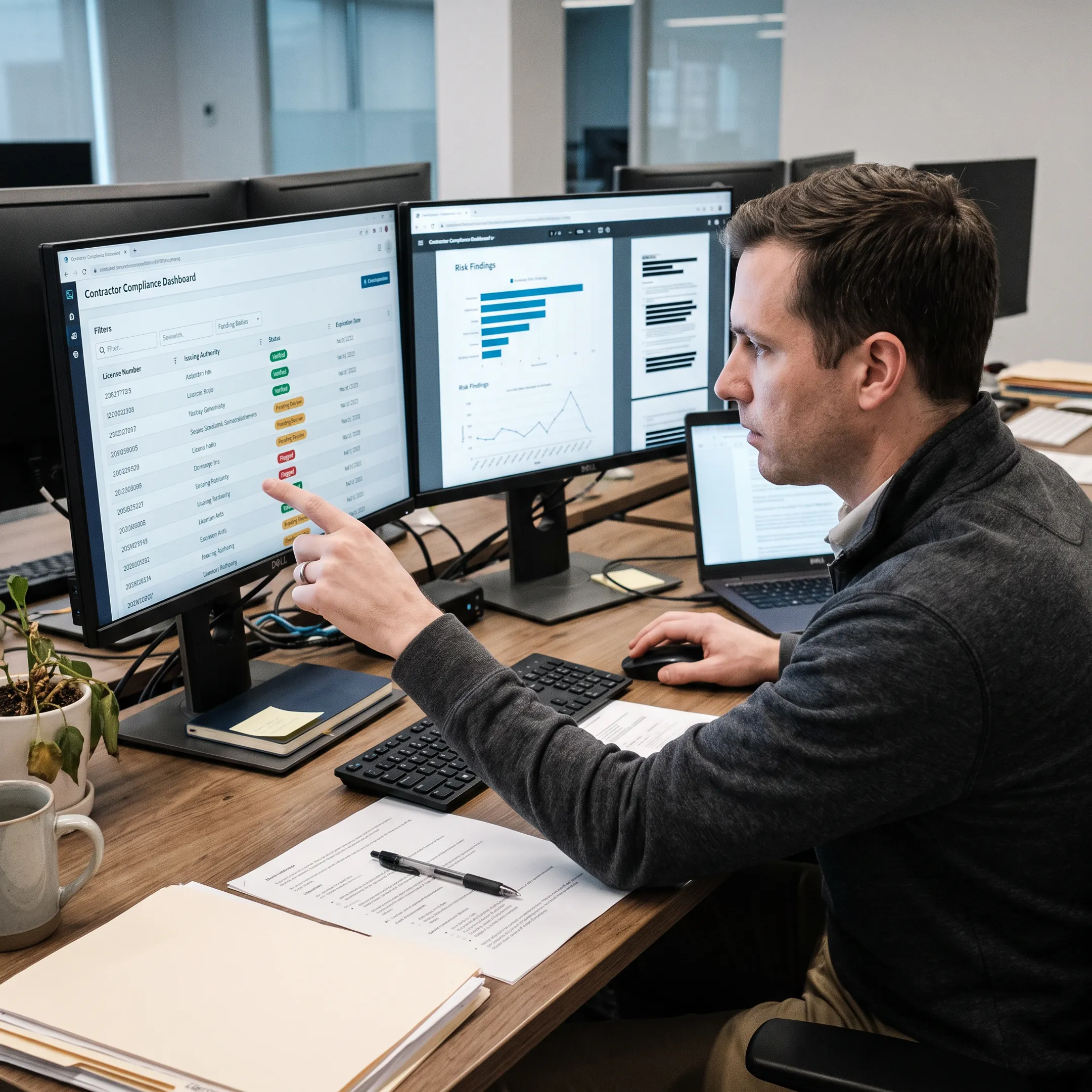 Research professional comparing business records and risk findings