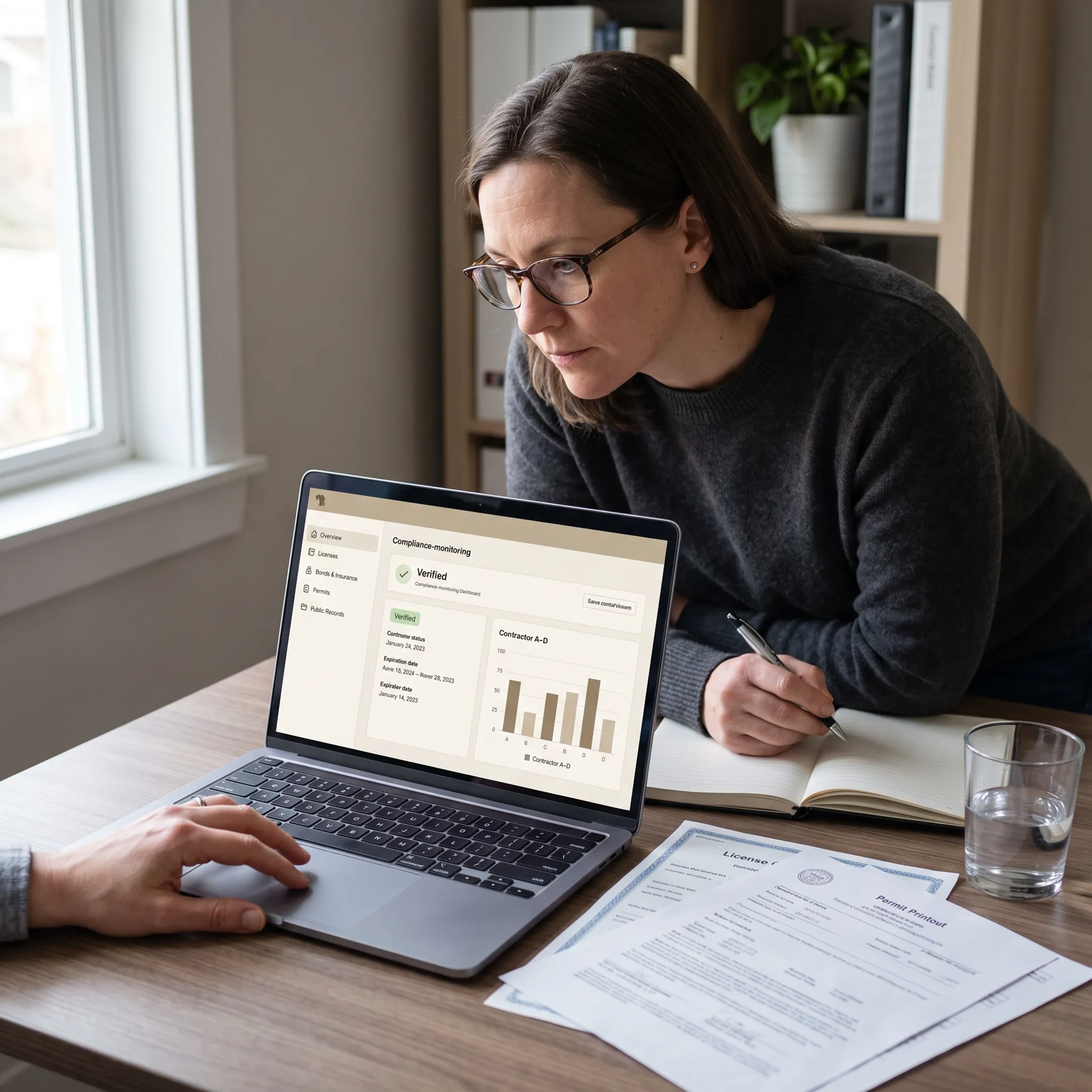Analyst reviewing independent contractor license and insurance records on a laptop