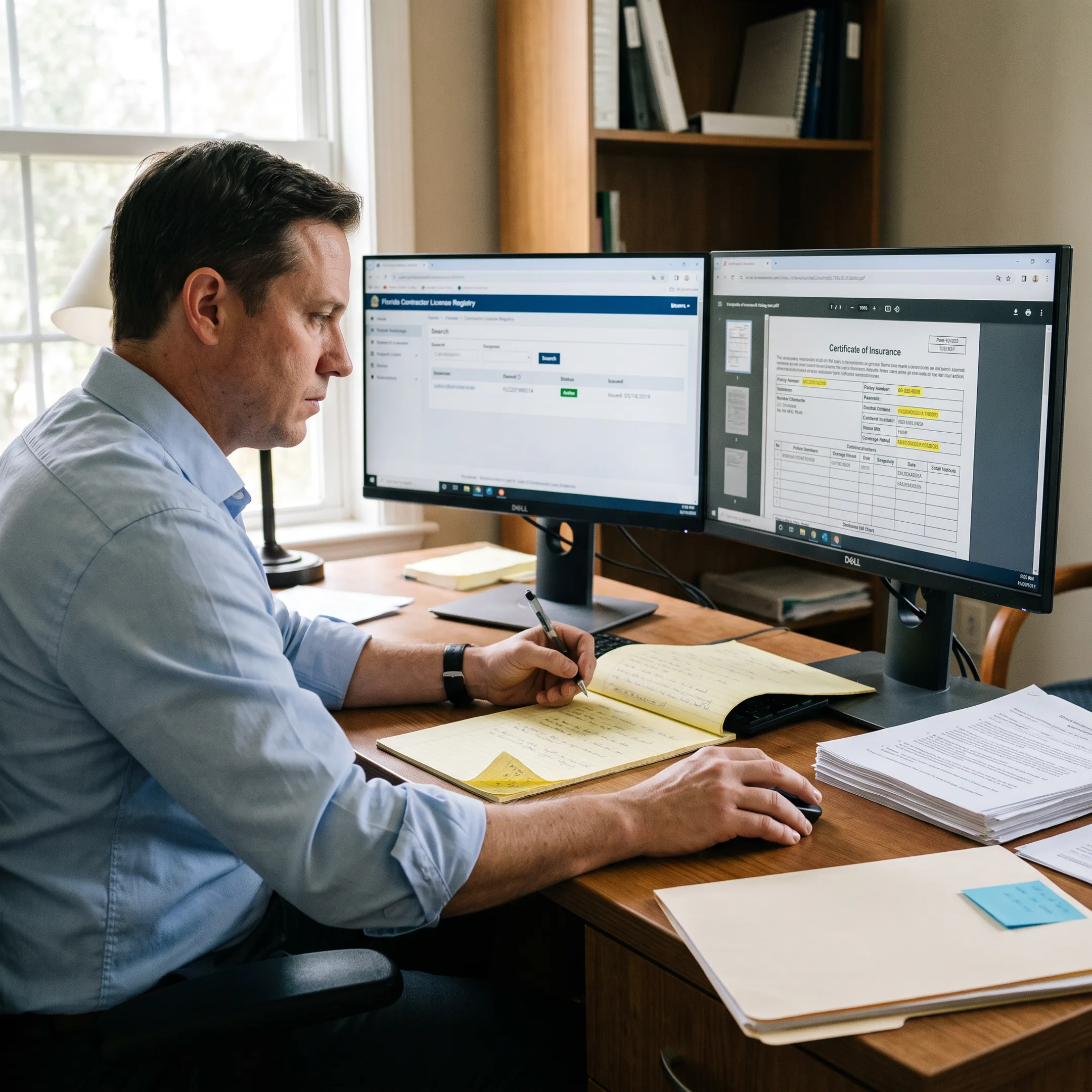 Analyst reviewing Florida contractor license records and compliance documents on a computer