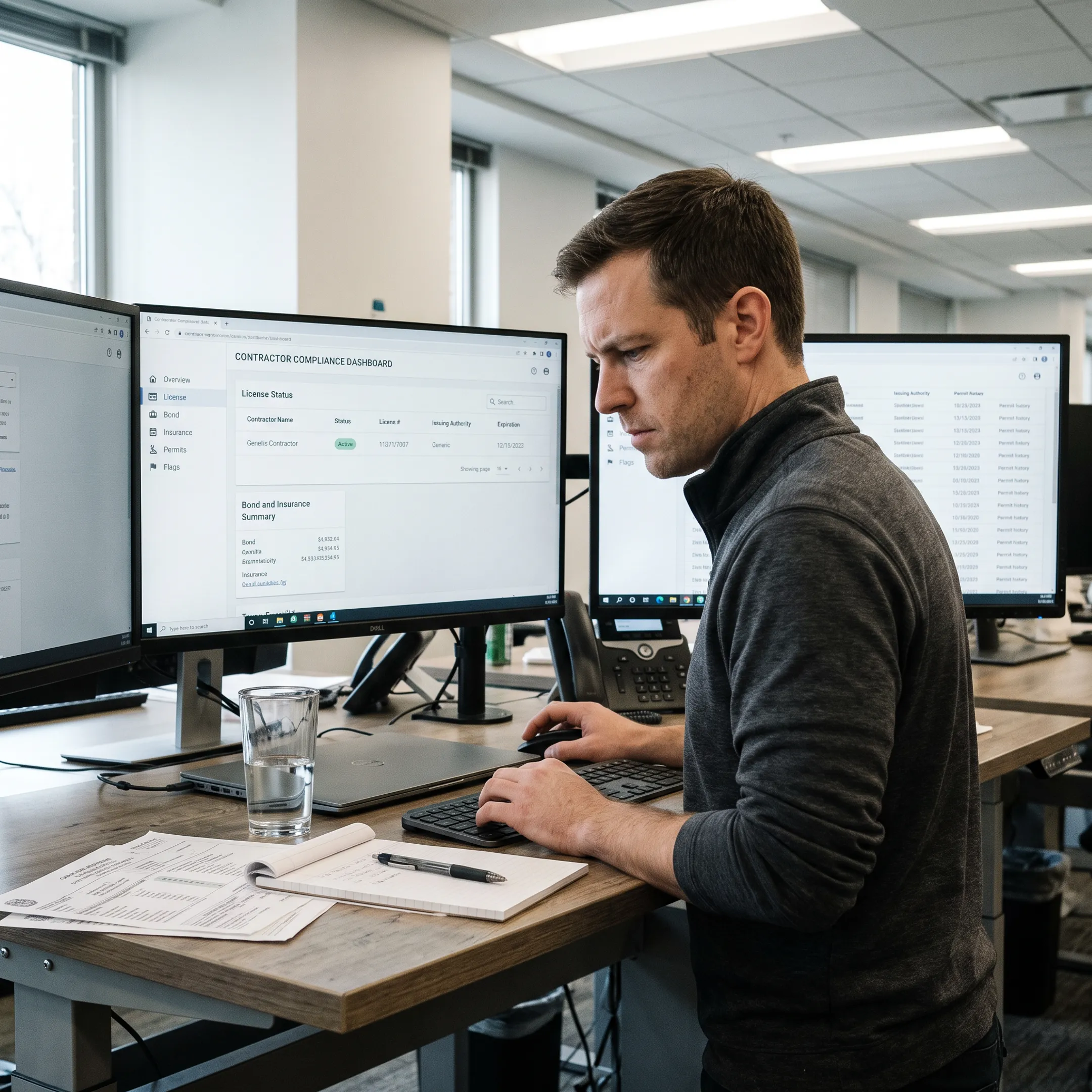 Research analyst reviewing subcontractor records and compliance findings
