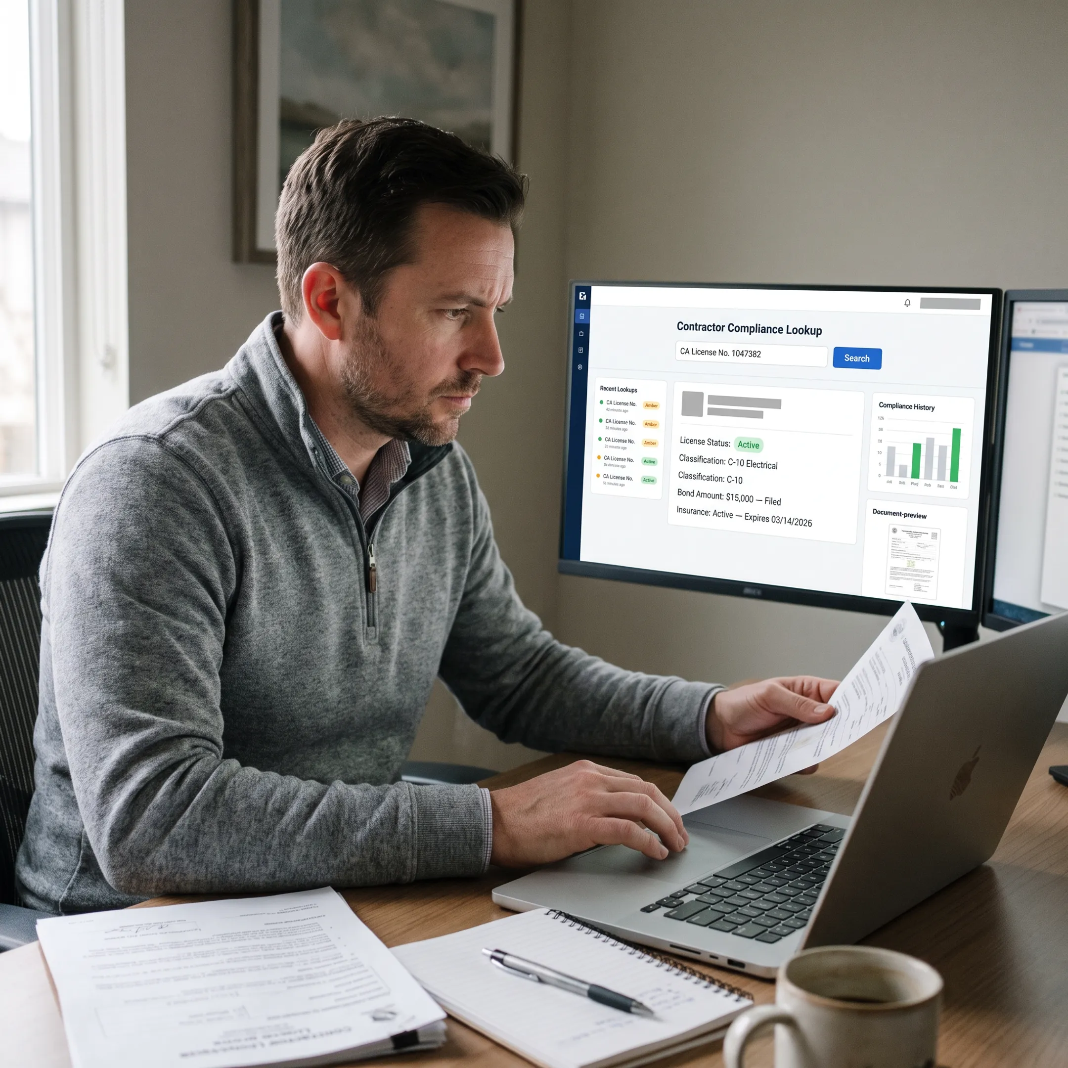 Analyst reviewing California contractor license and bond records on a laptop