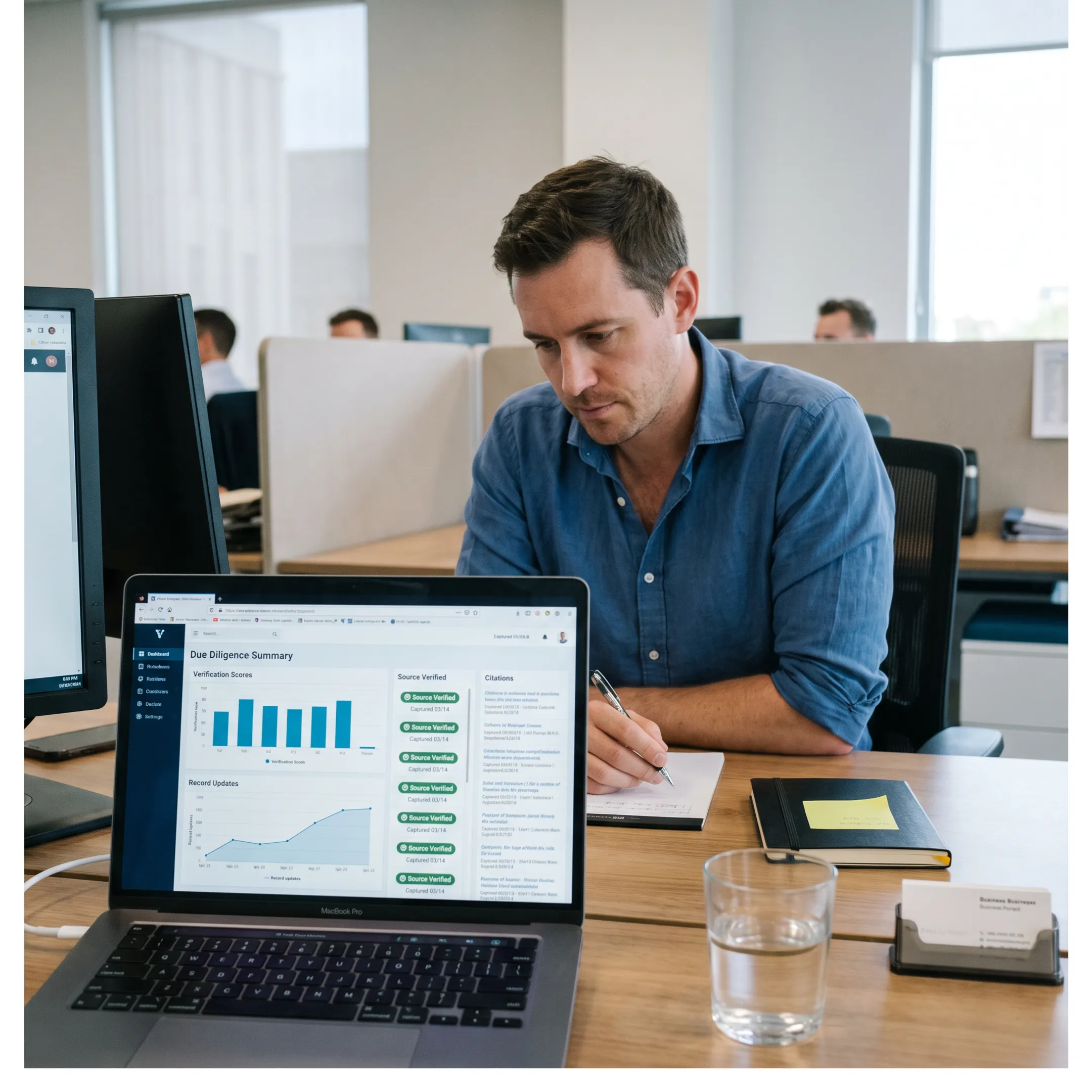Analyst reviewing AI-powered due diligence findings and verified public records on a laptop