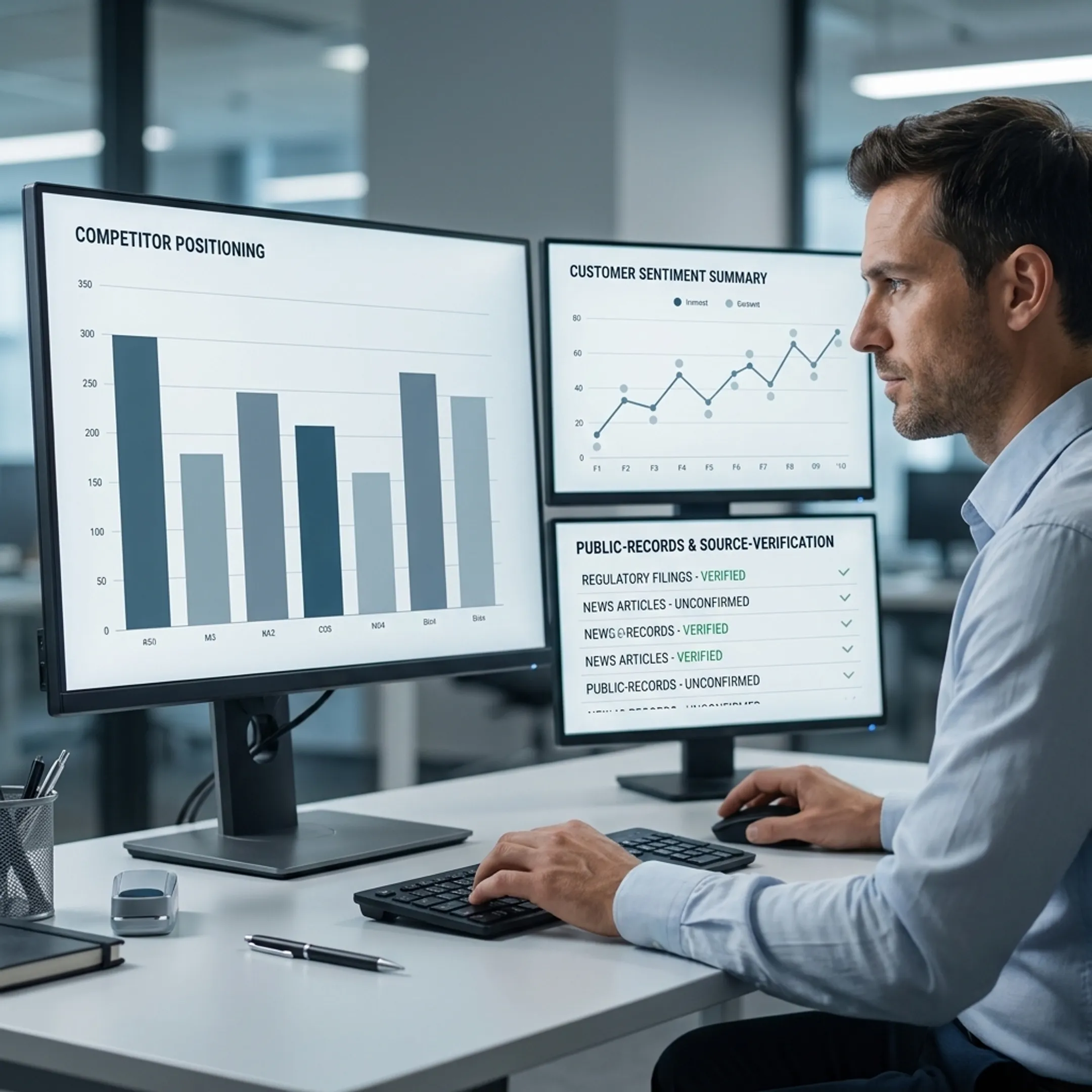 Analyst reviewing competitor intelligence dashboards and verified market research sources
