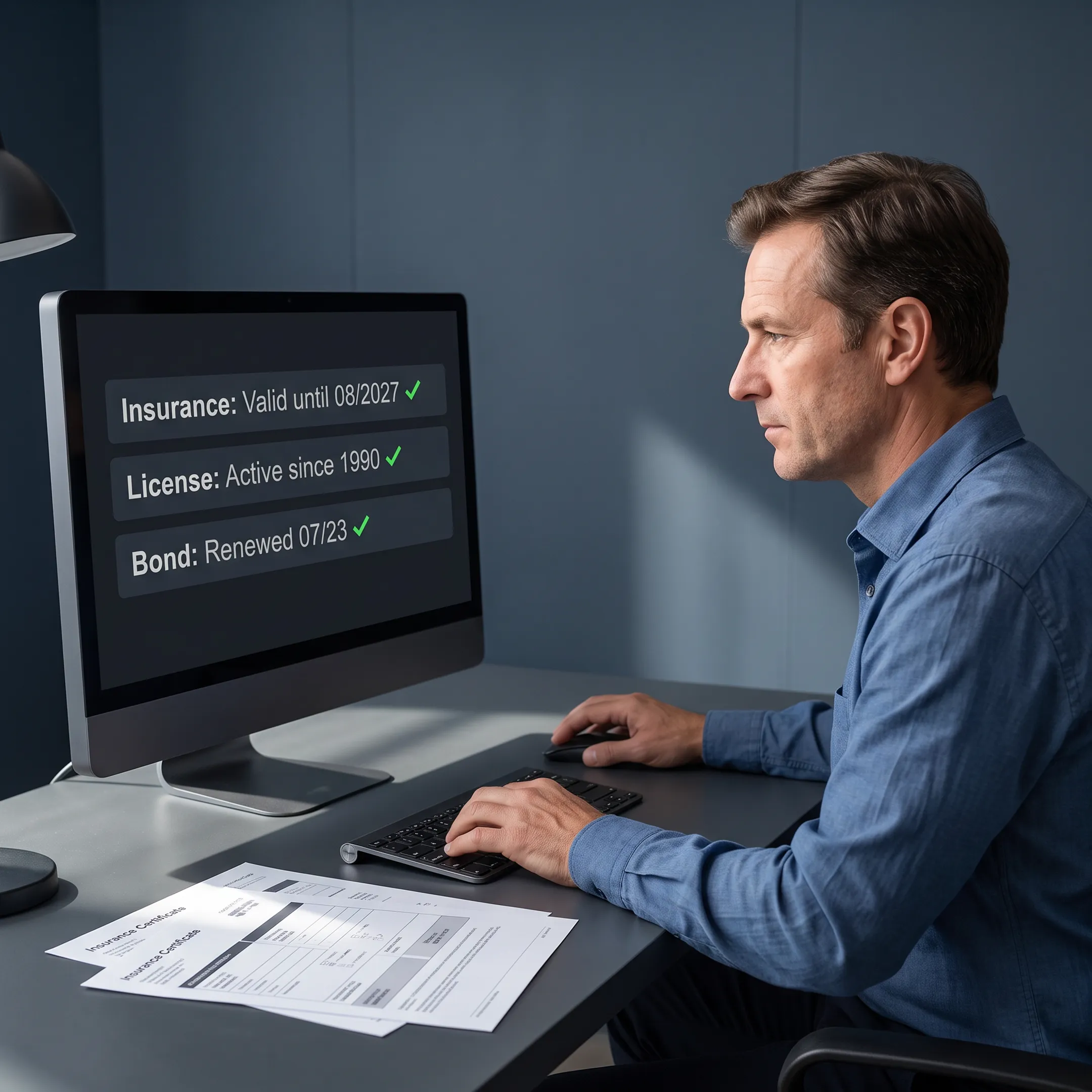 Analyst comparing contractor insurance records with source documents