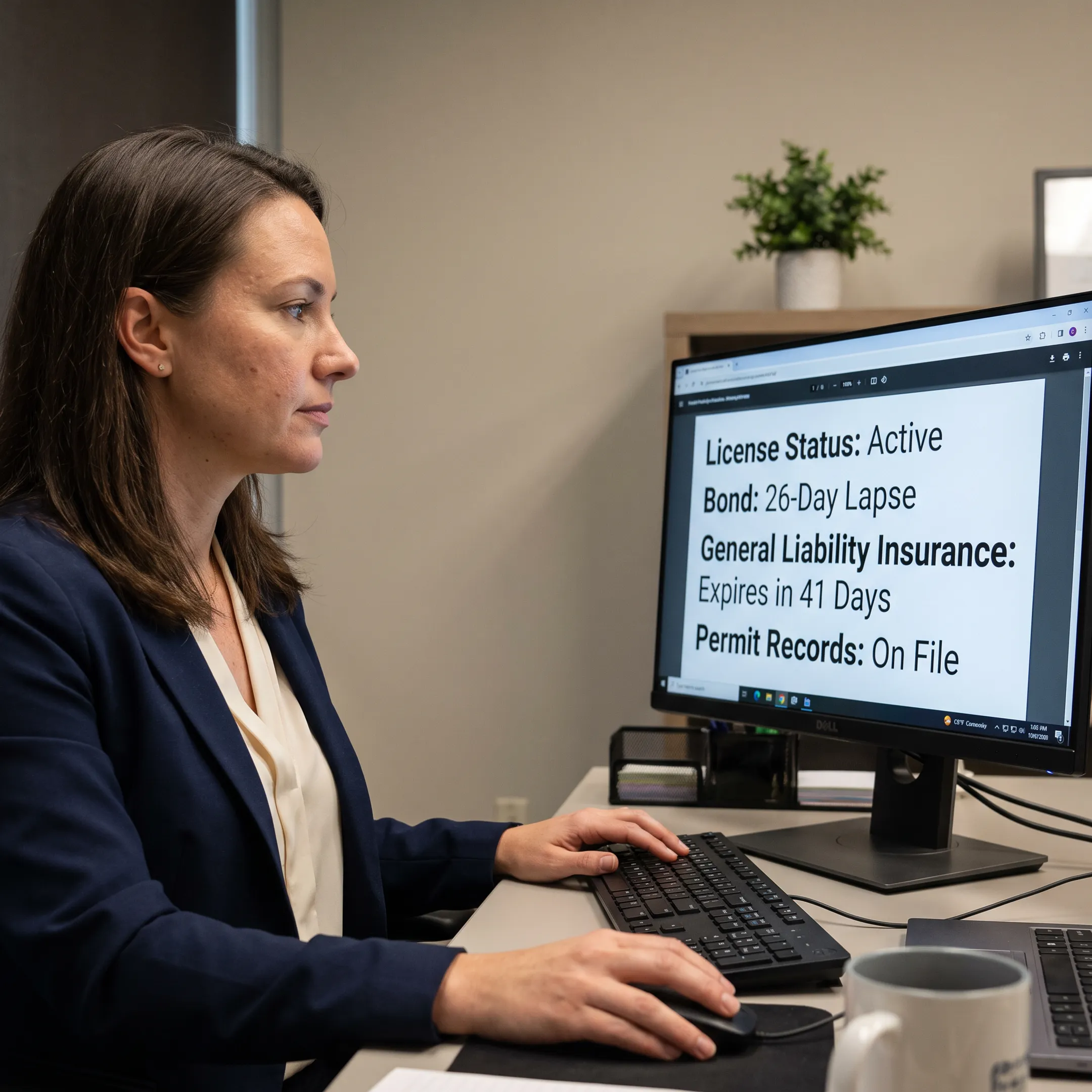 Researcher reviewing Florida fire protection contractor license records on a computer