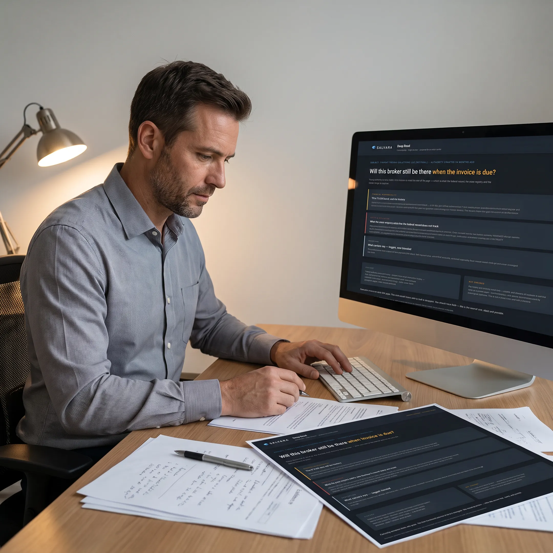 Analyst reviewing source-verified public records for a counterparty due diligence report