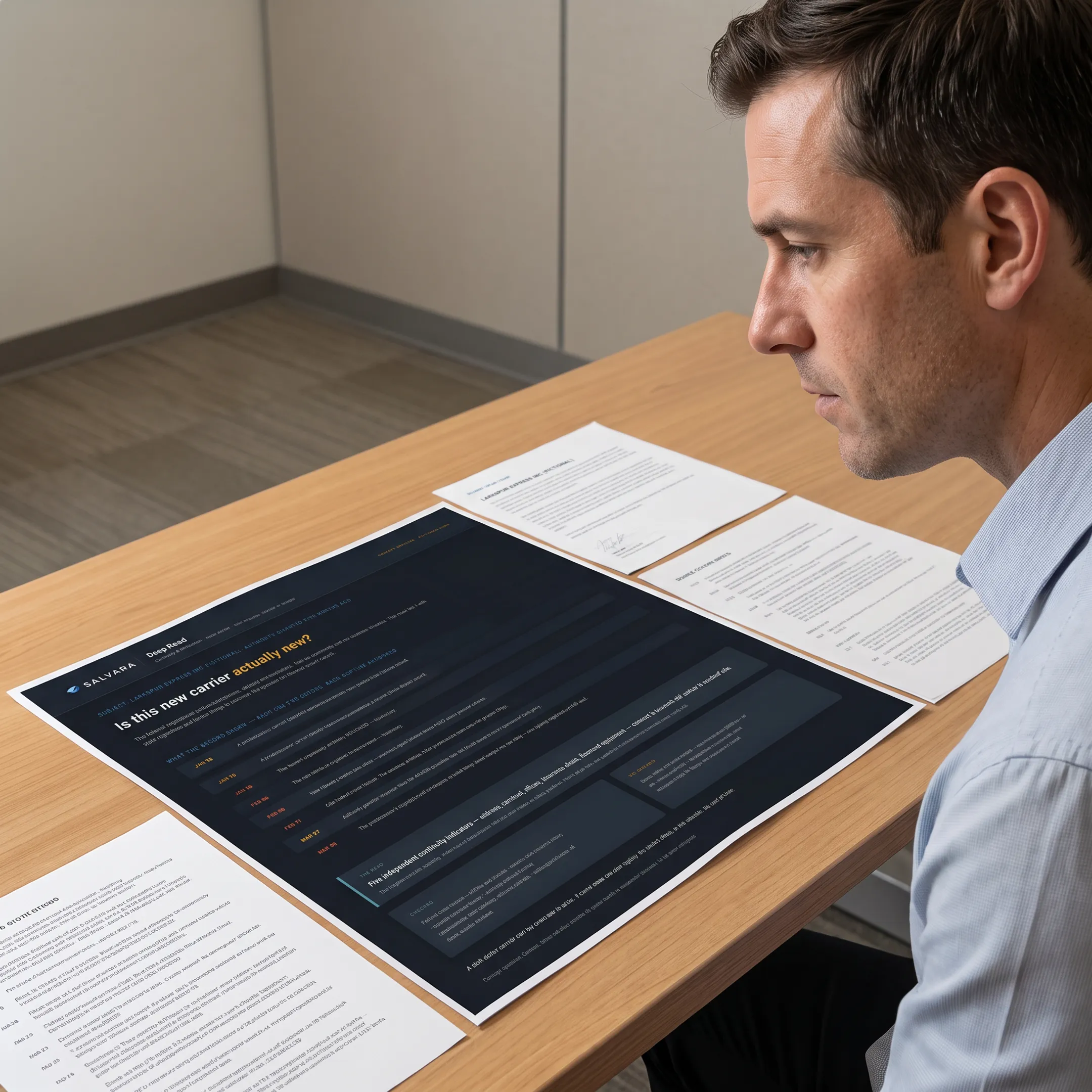 Research professional comparing public filings and verified evidence for an integrity due diligence report