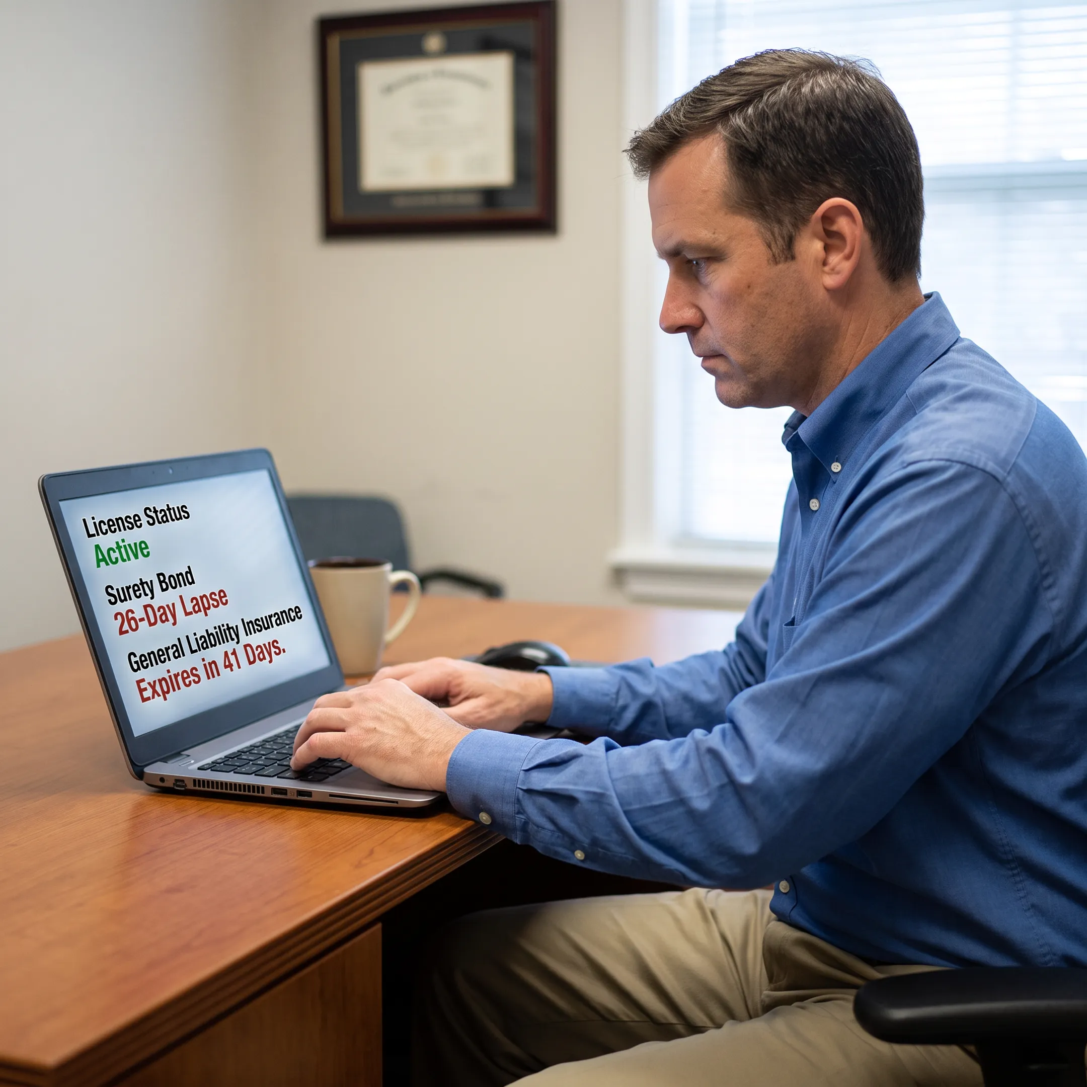 Professional reviewing Florida contractor license records on a laptop