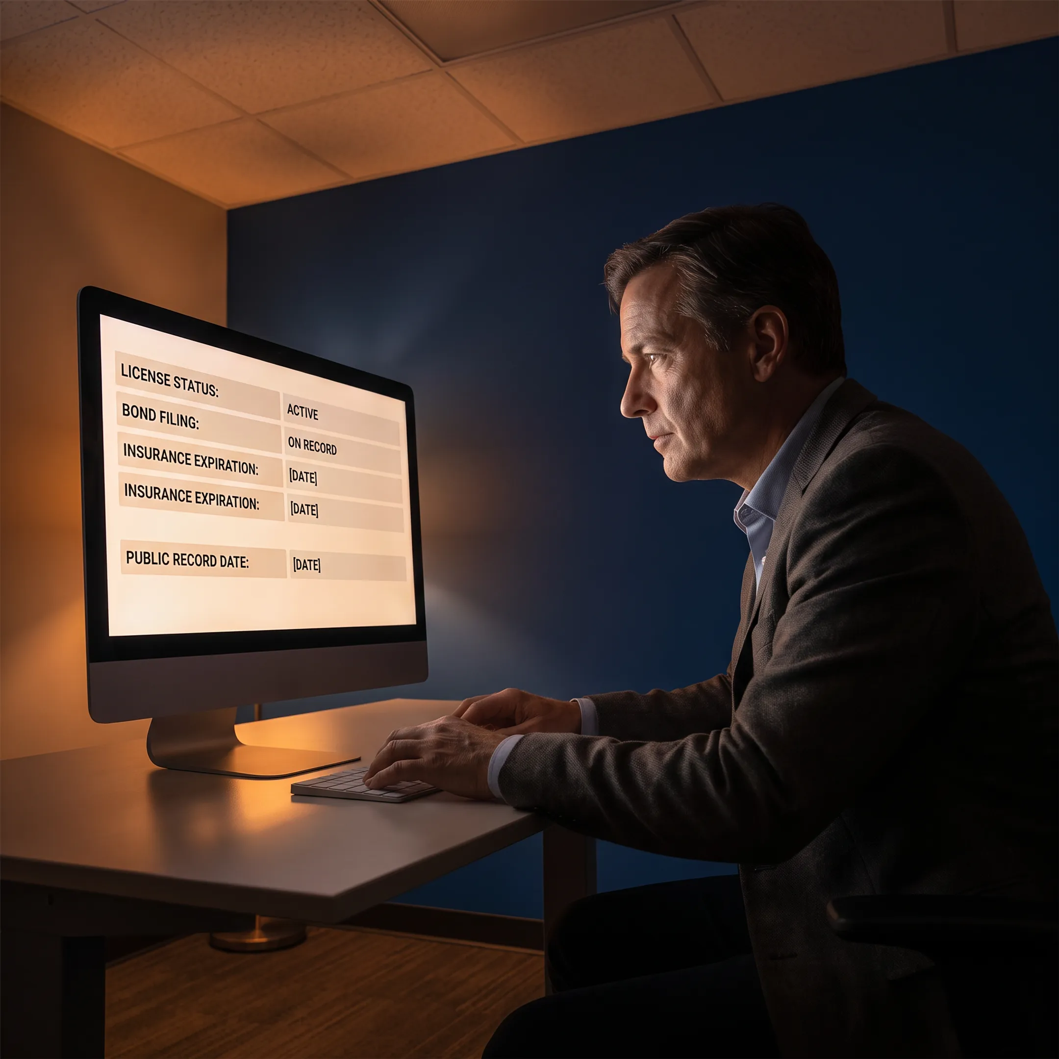 Researcher reviewing contractor license records and public registry documents on a computer
