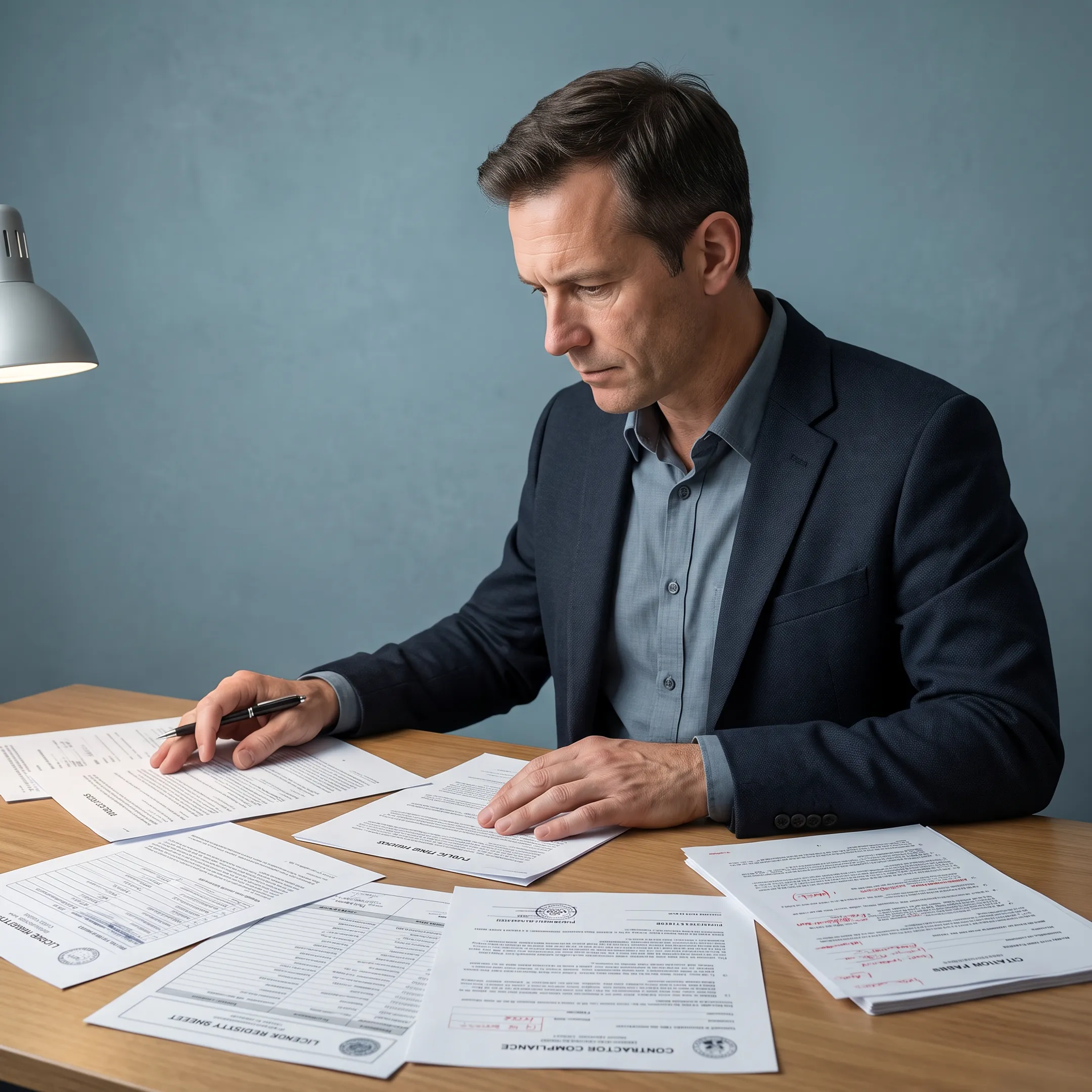 Analyst reviewing counterparty records, licenses, and business documents on a computer