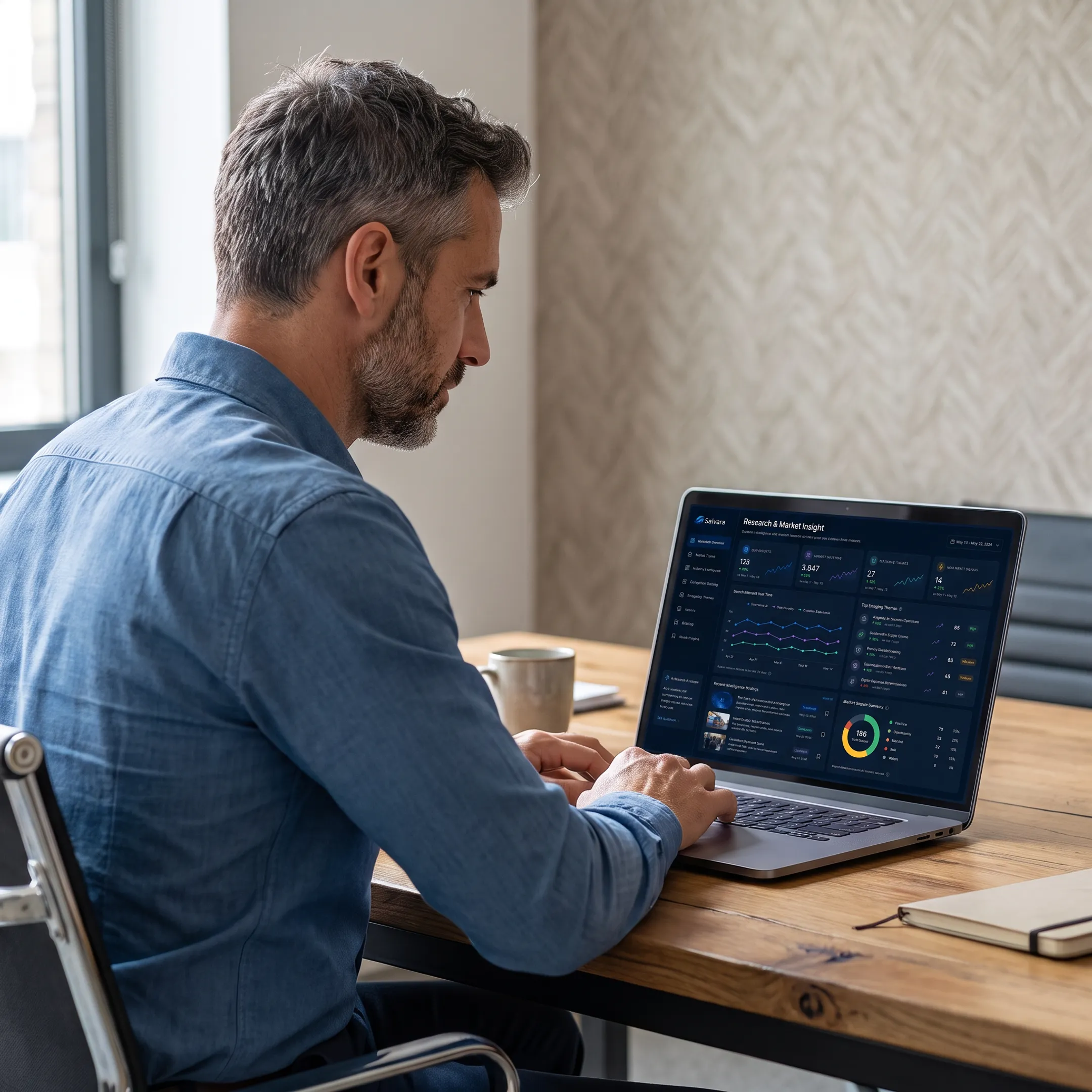 Analyst reviewing competitor research dashboards and source-verified market intelligence findings