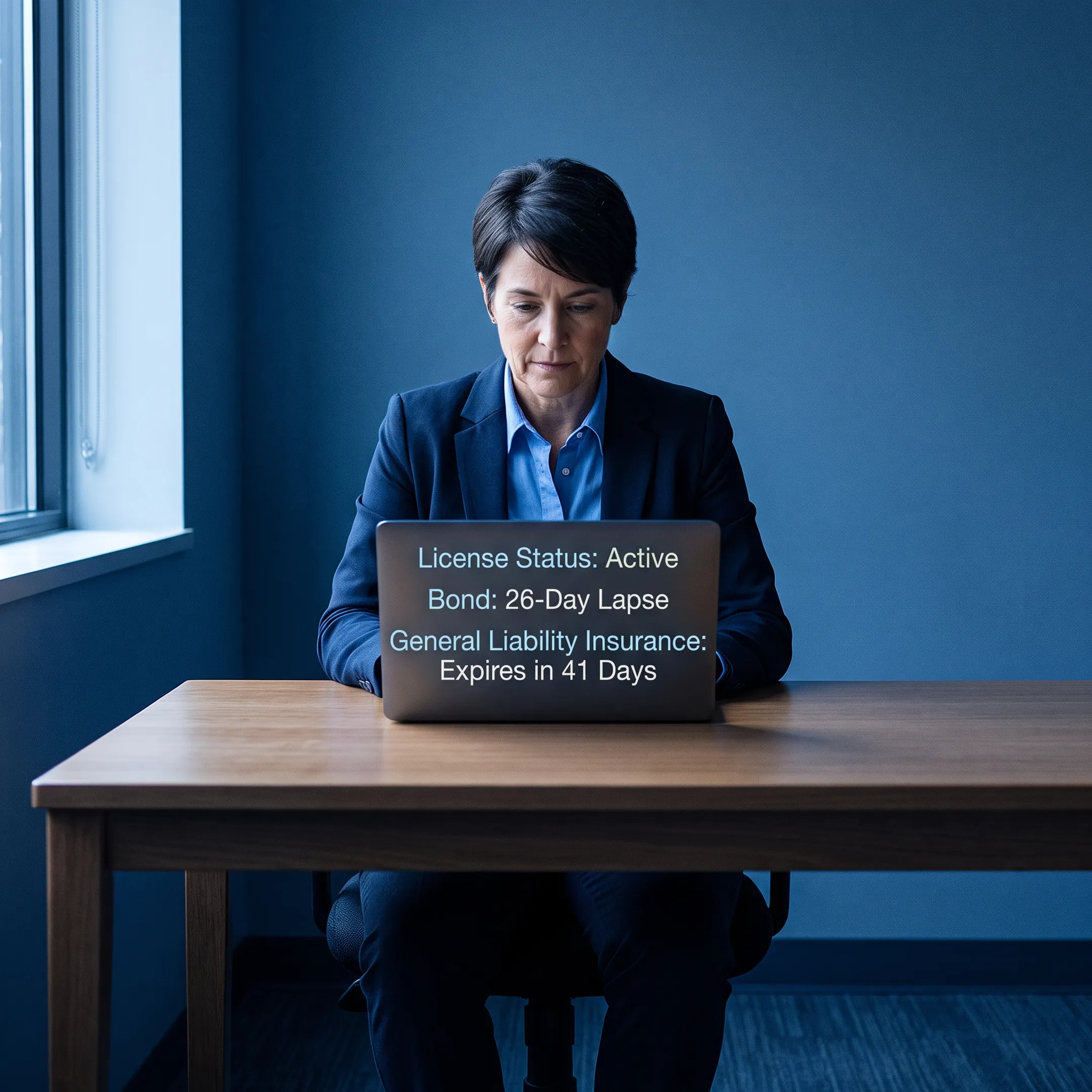 Professional reviewing contractor license records and public registry documents on a laptop