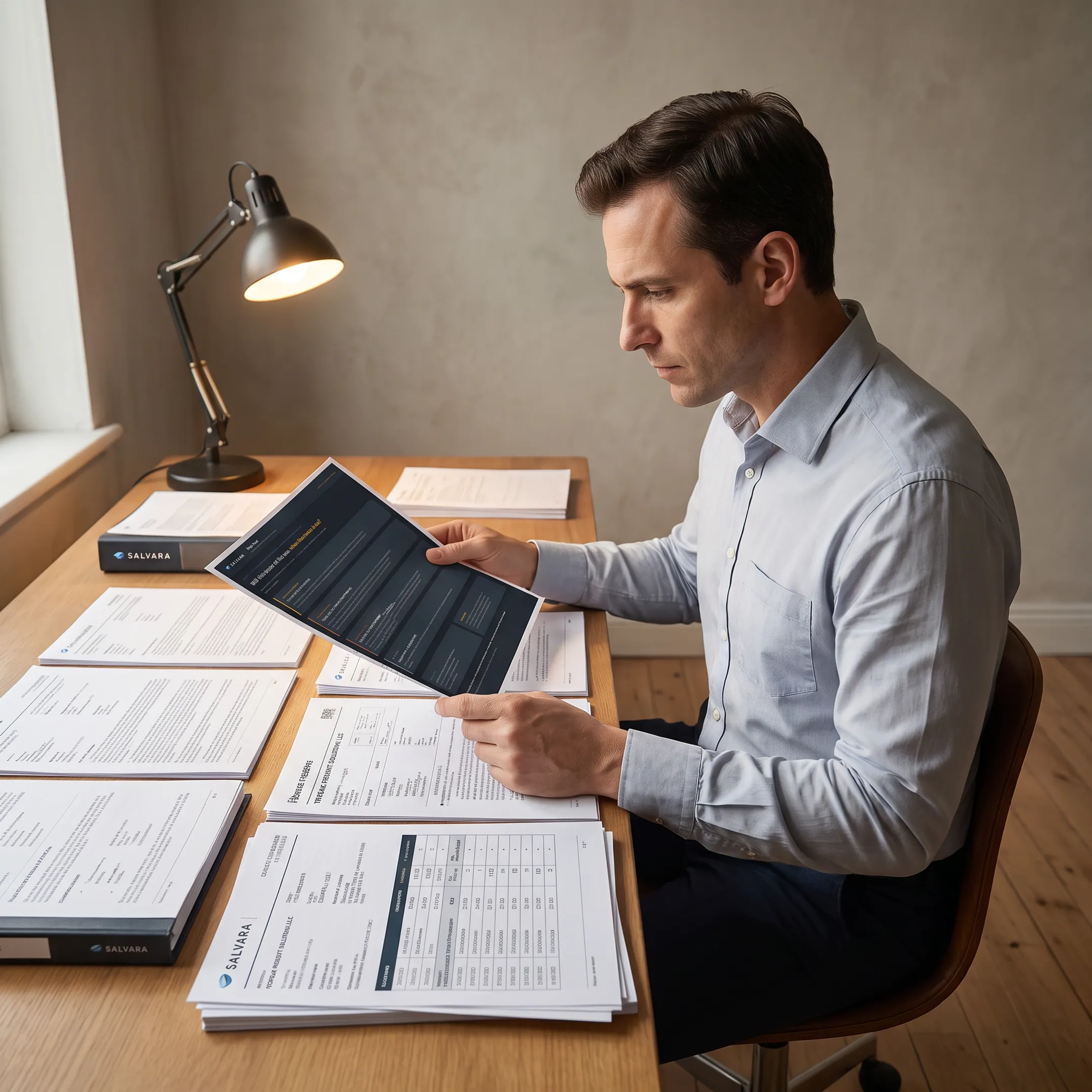 Researcher comparing public records and business findings in a due diligence workspace