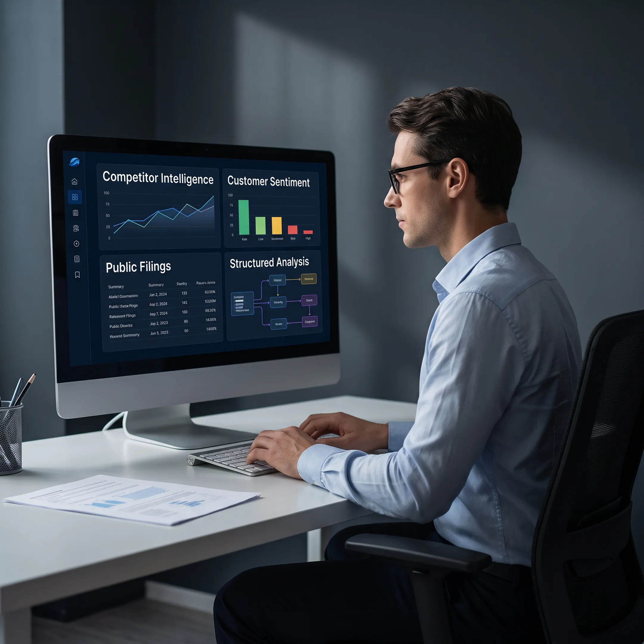 Research specialist comparing competitor findings with public records and web sources