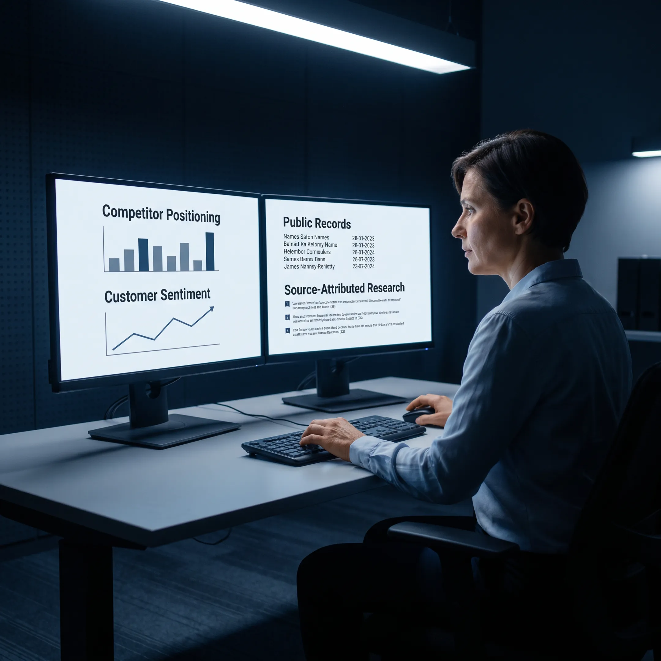 Analyst reviewing competitor research dashboards and source documents on a computer