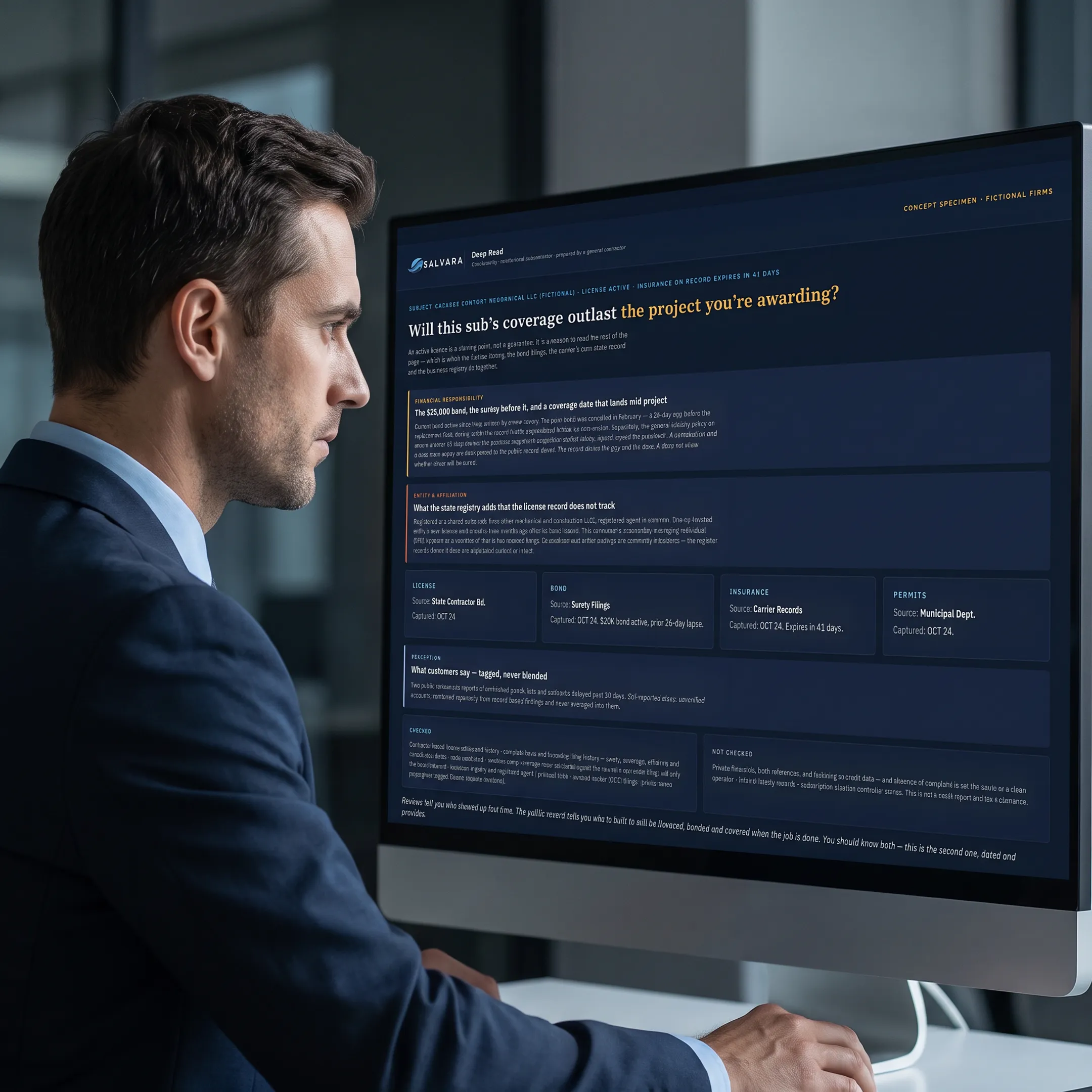 Analyst comparing contractor records and source citations in a due diligence report