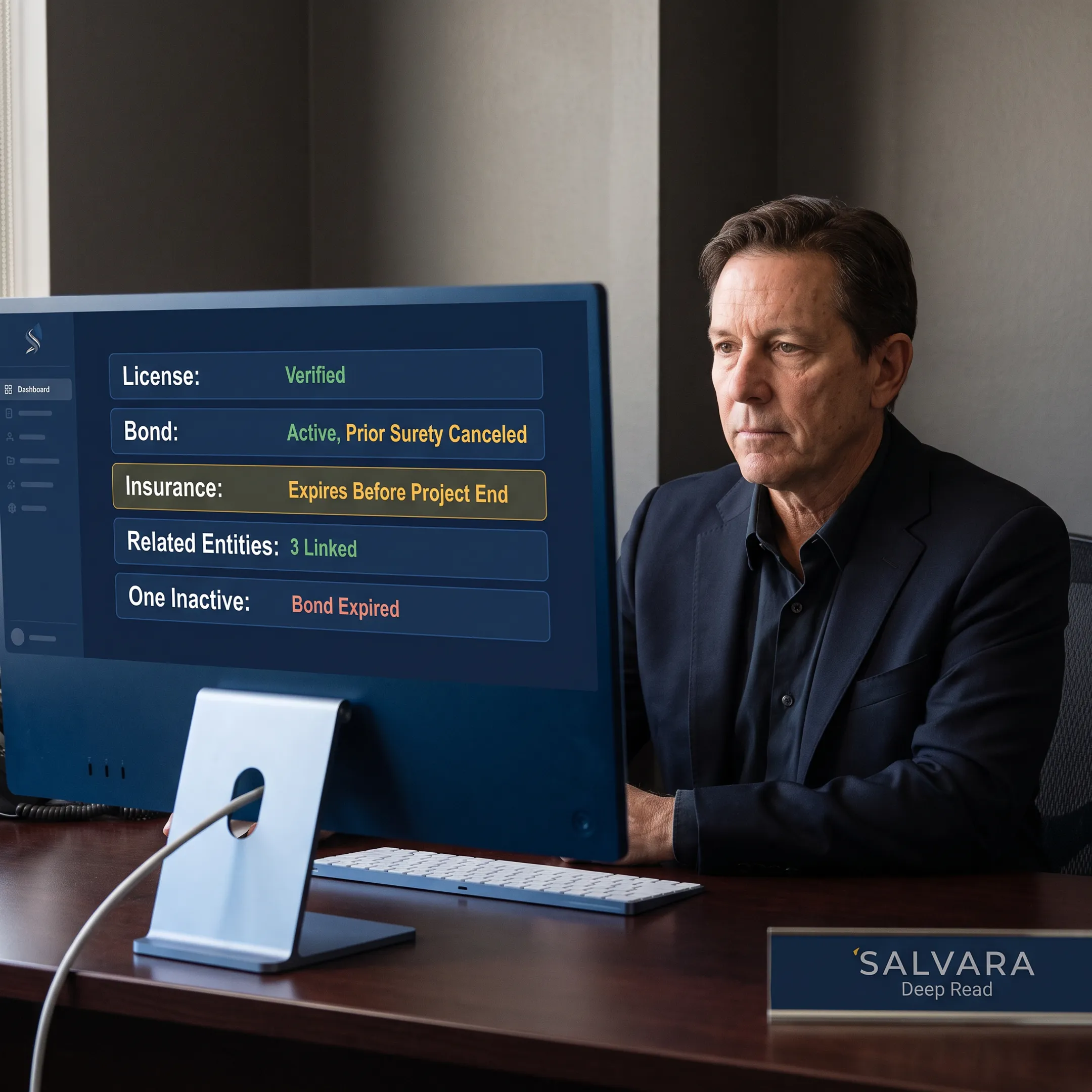 Professional reviewing subcontractor license and insurance records on a computer
