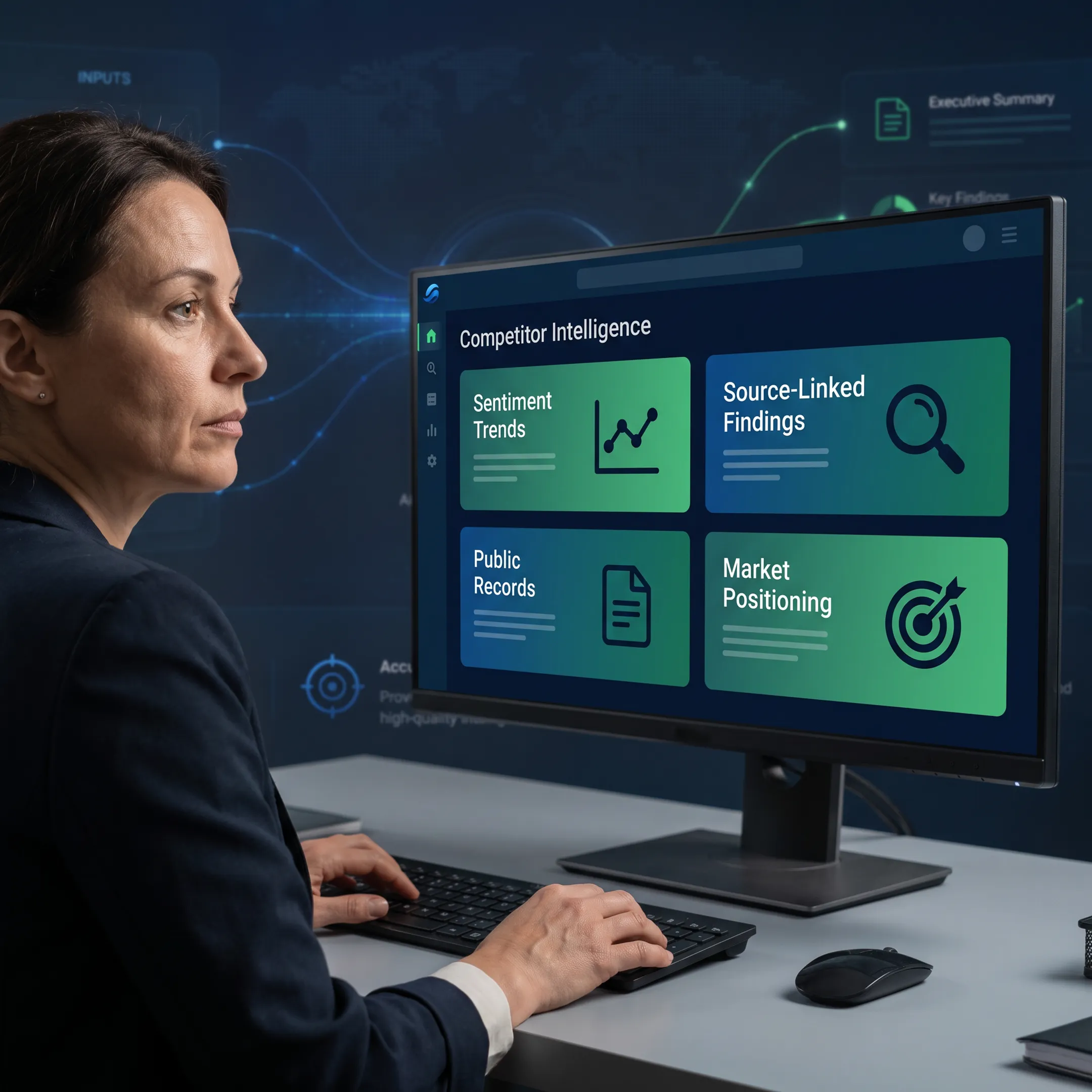 Analyst reviewing competitor intelligence dashboard with source-linked findings and market trend visualizations