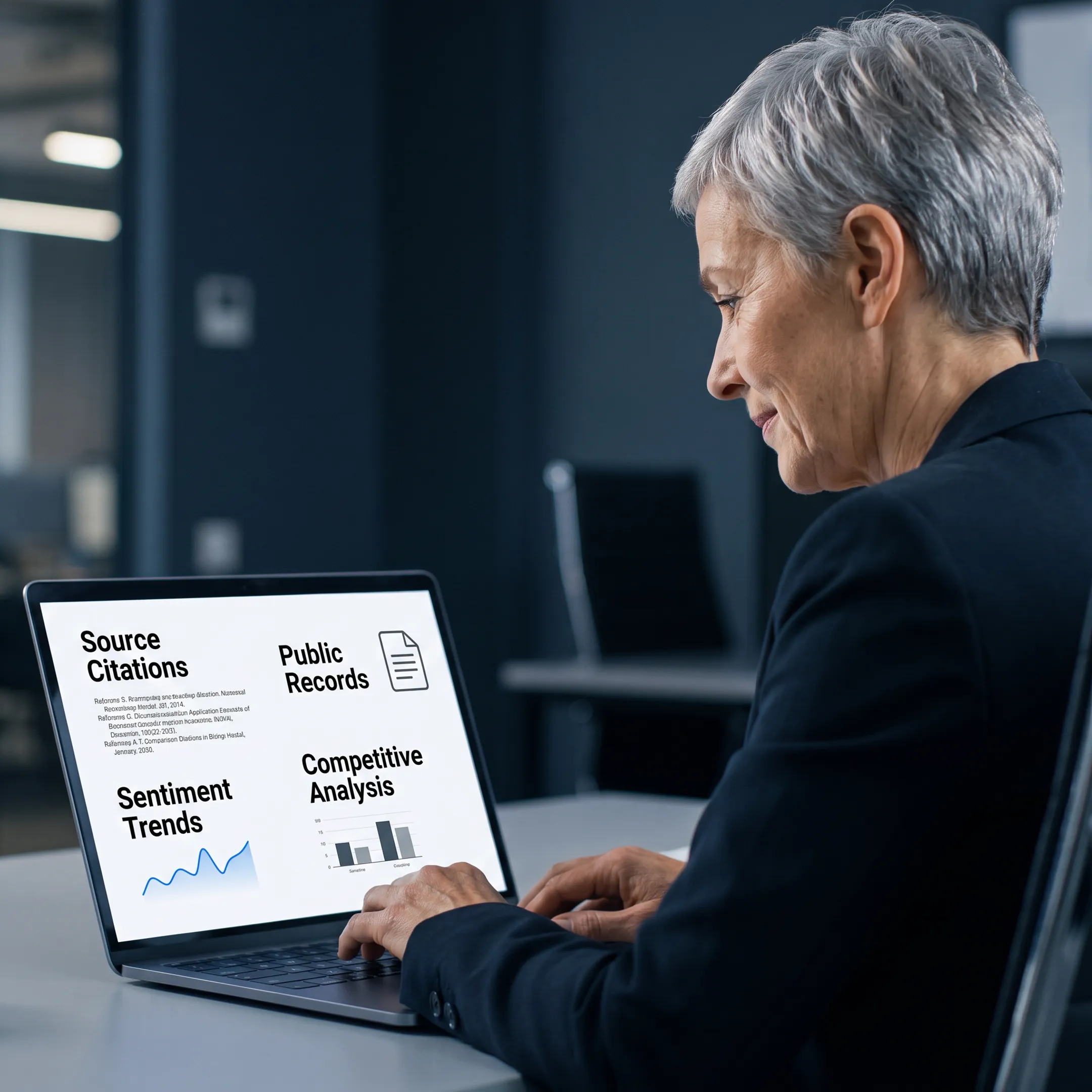 Research professional reviewing verified market findings with source references