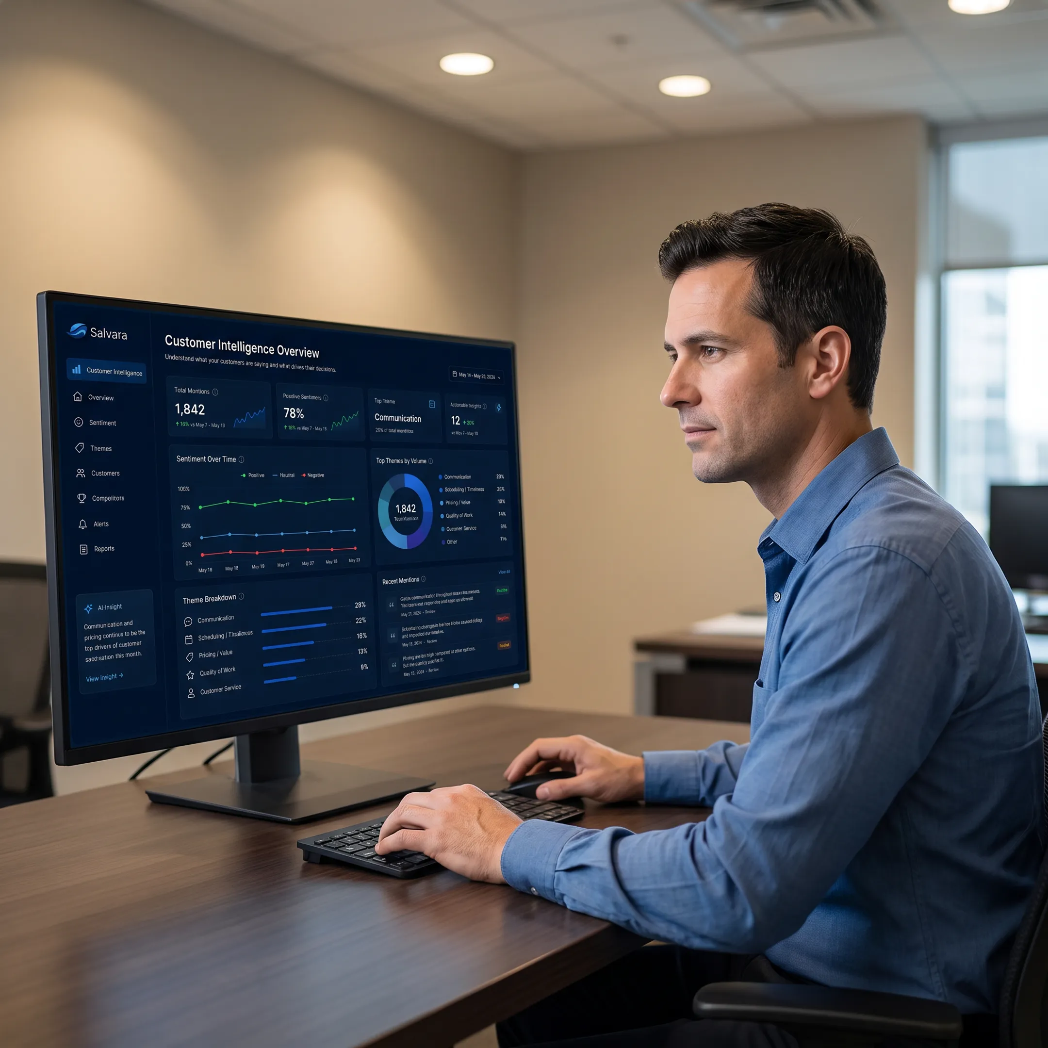 Analyst reviewing AI-generated market intelligence and verified source data on a computer dashboard