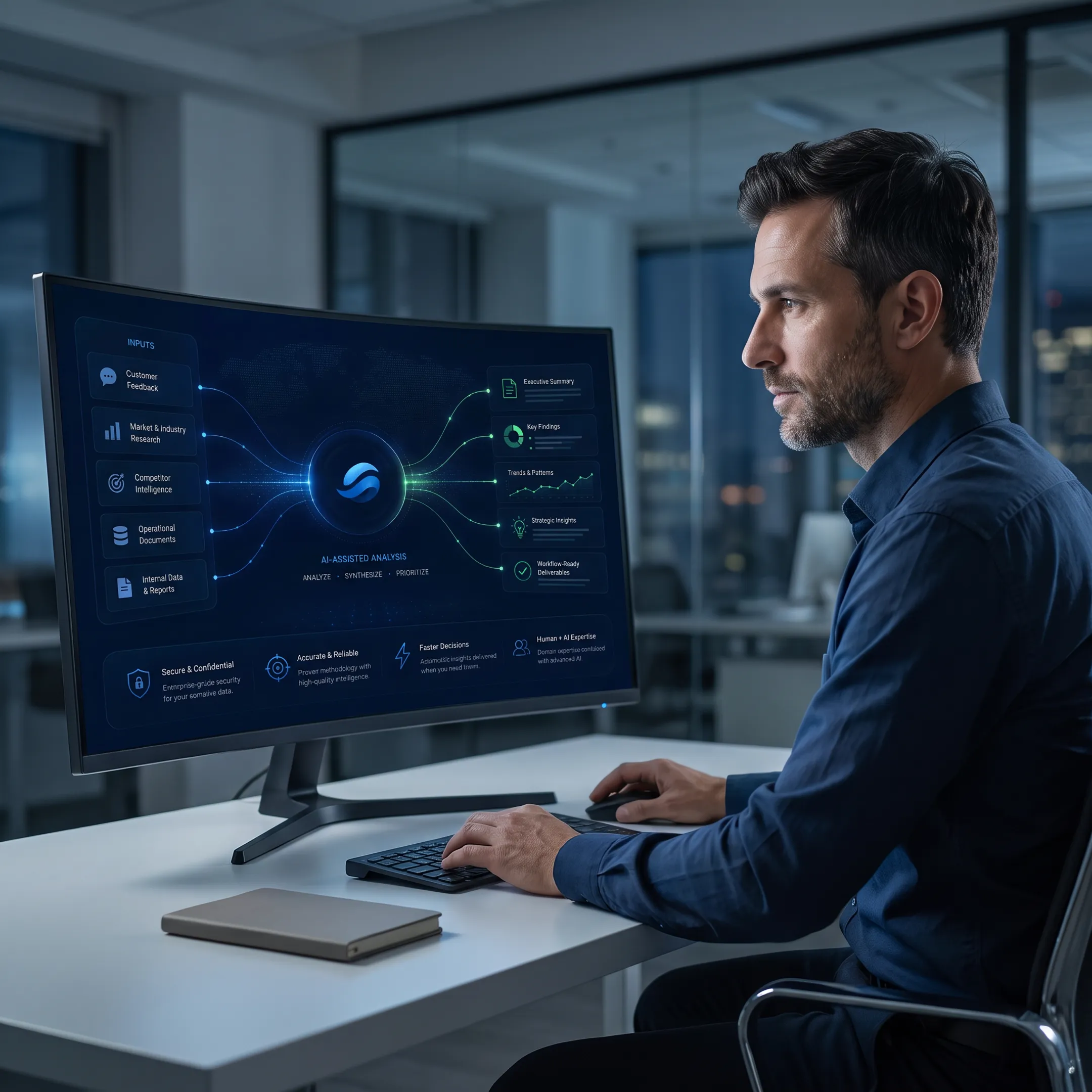 Analyst reviewing B2B market intelligence dashboards and verified research sources