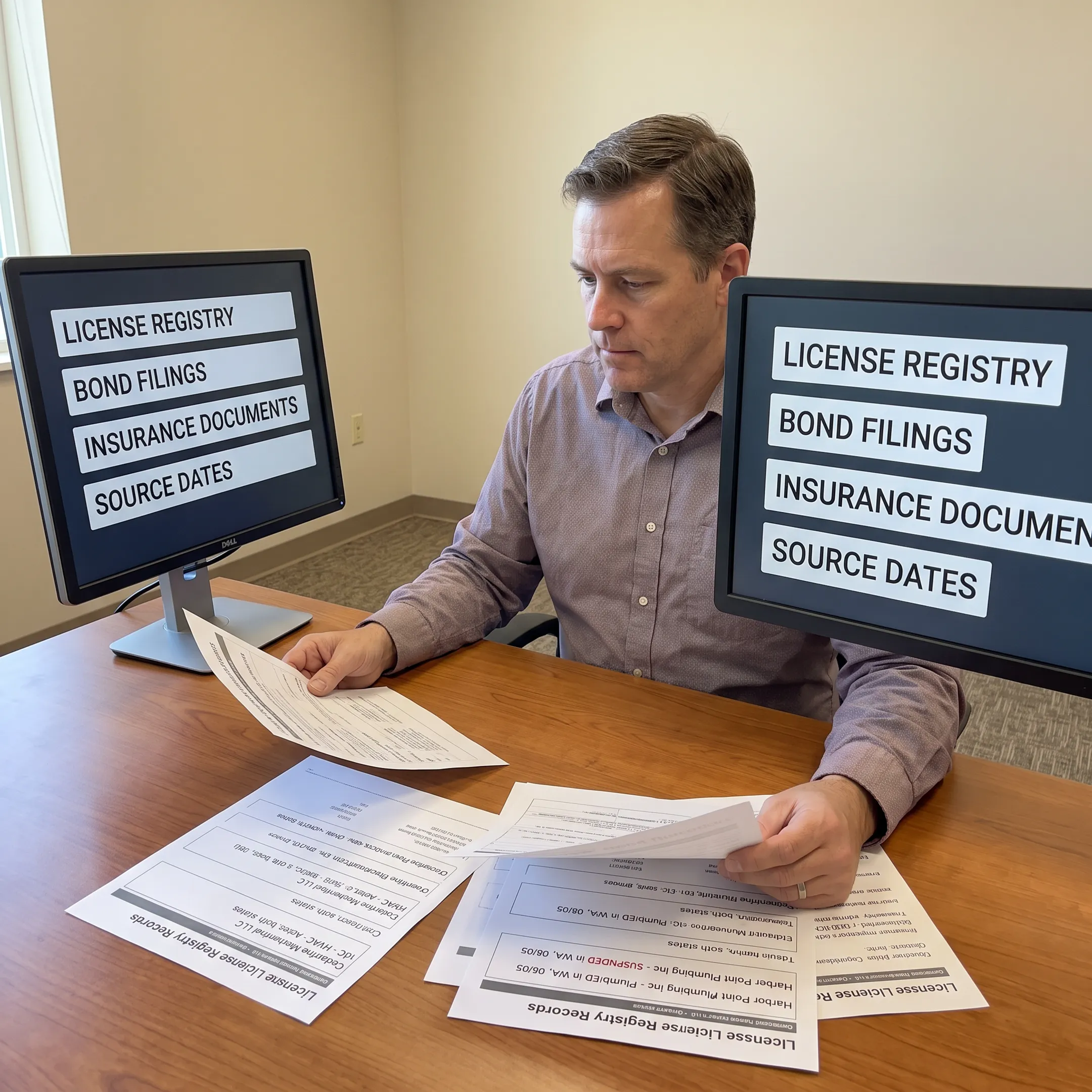 Analyst reviewing contractor license records and verification documents on a computer