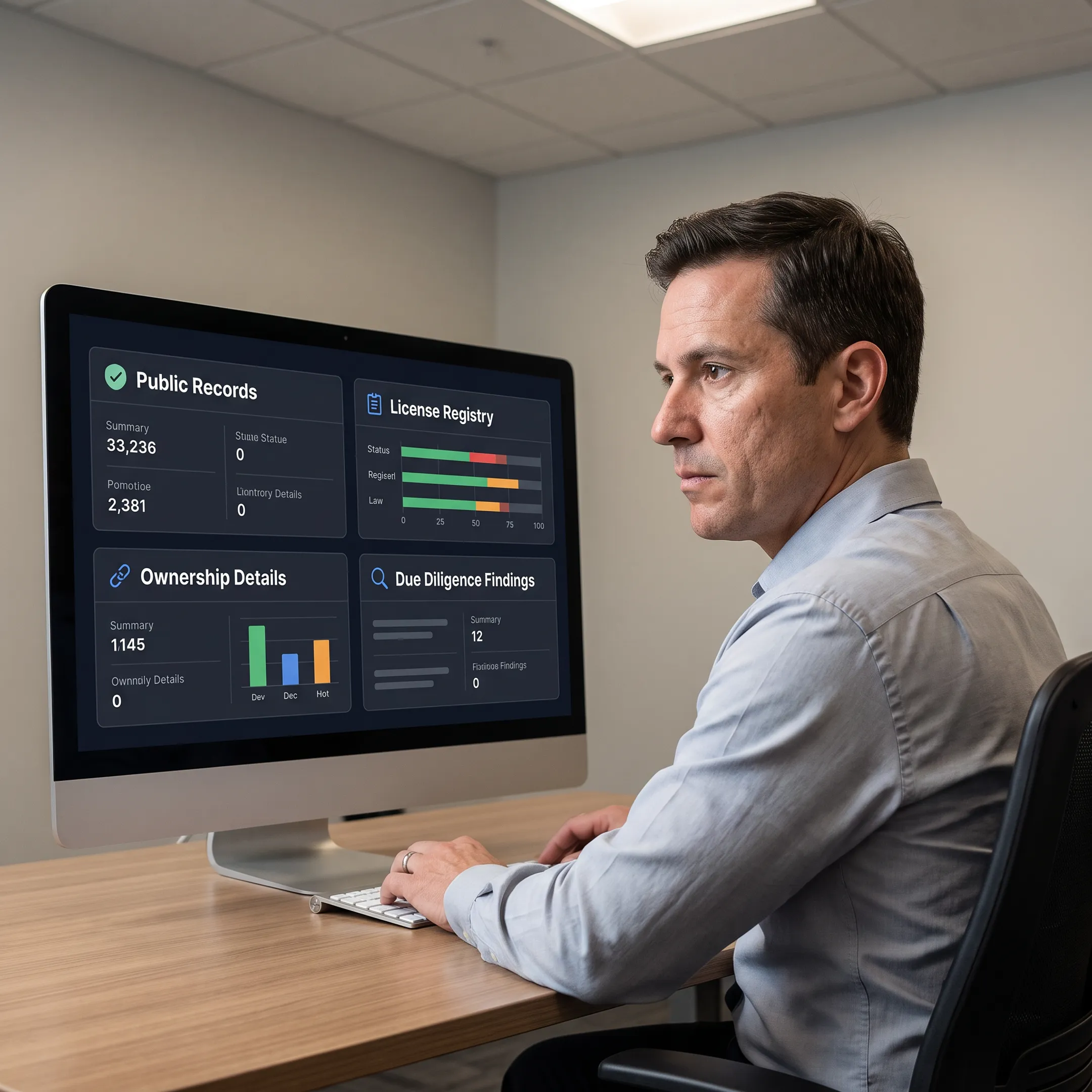 Analyst reviewing business records, licensing data, and verification findings on a computer dashboard