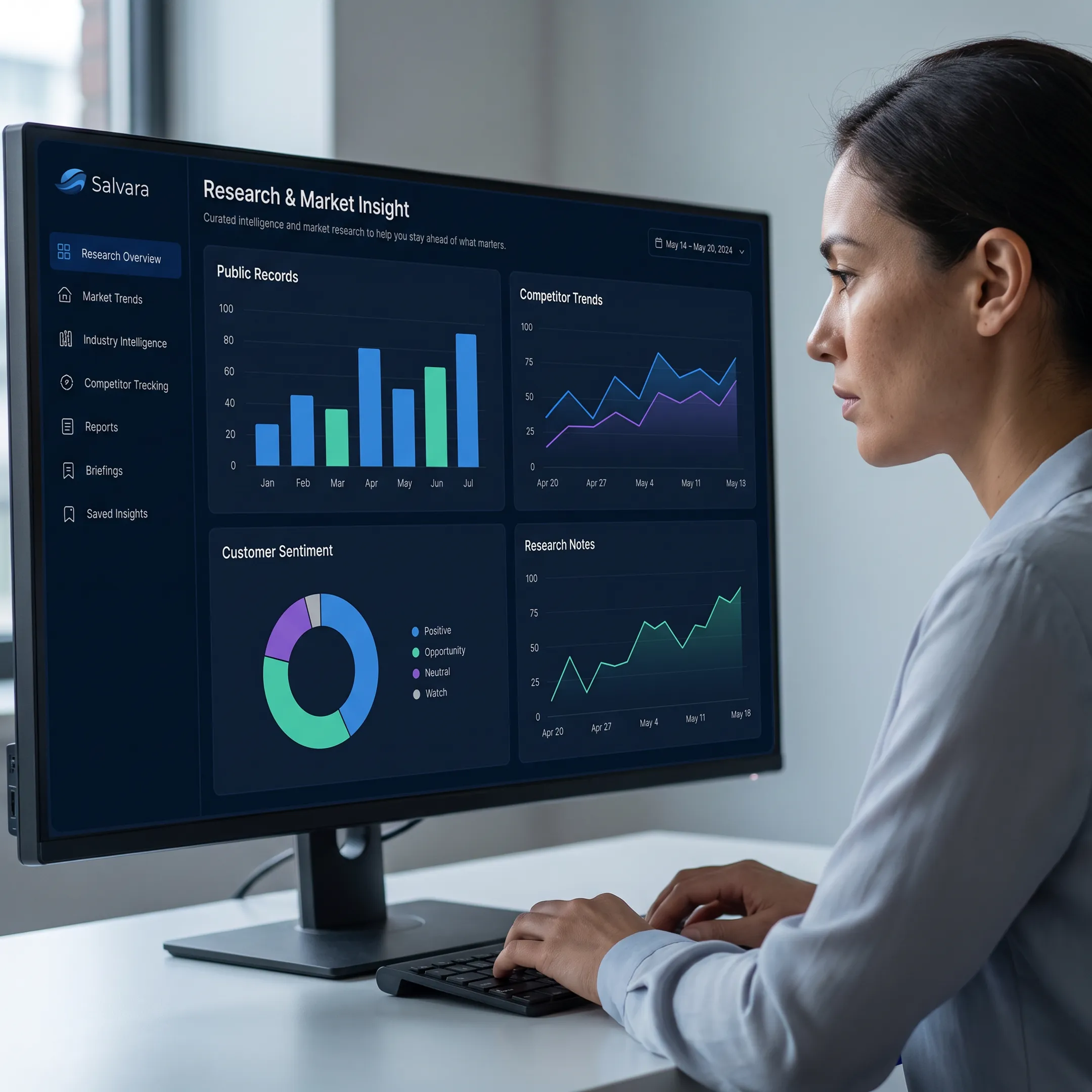 Analyst reviewing source-verified market intelligence dashboard with charts, public records, and competitive research findings